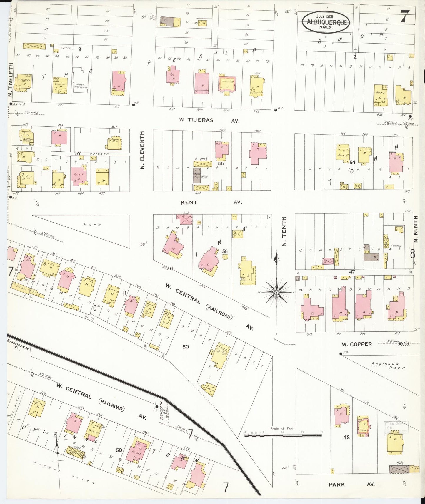 Sanborn Fire Insurance Map from Albuquerque, Bernalillo County, New Mexico (1908), Sheet #0007 - Historic Sanborn Fire Insurance Map Print, vintage old map wall art, antique decor, genealogy gift, New Mexico New Mexico map