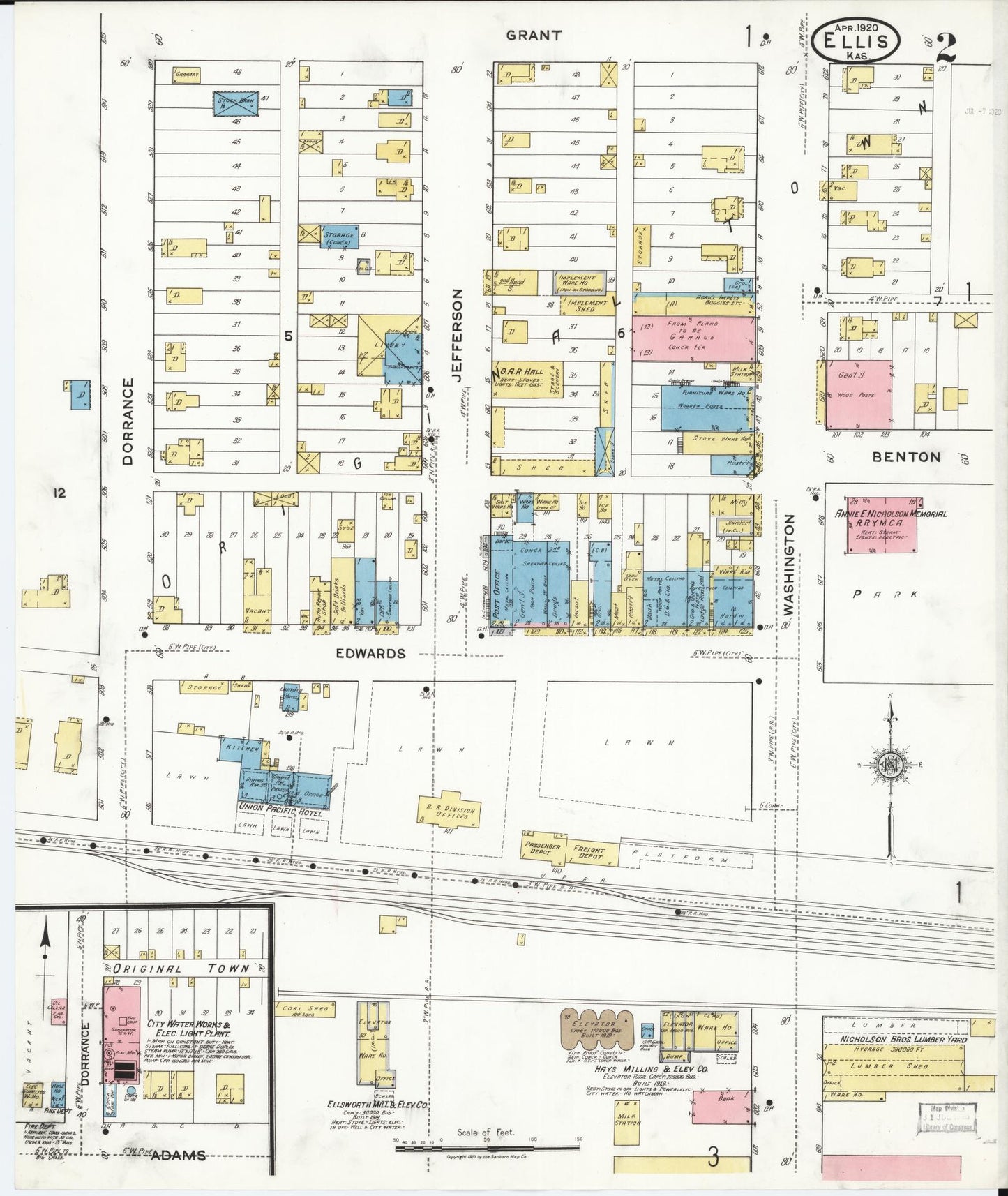 Sanborn Fire Insurance Map from Ellis, Ellis County, Kansas (1920), Sheet #0002 - Historic Sanborn Fire Insurance Map Print, vintage old map wall art, antique decor, genealogy gift, Kansas Kansas map