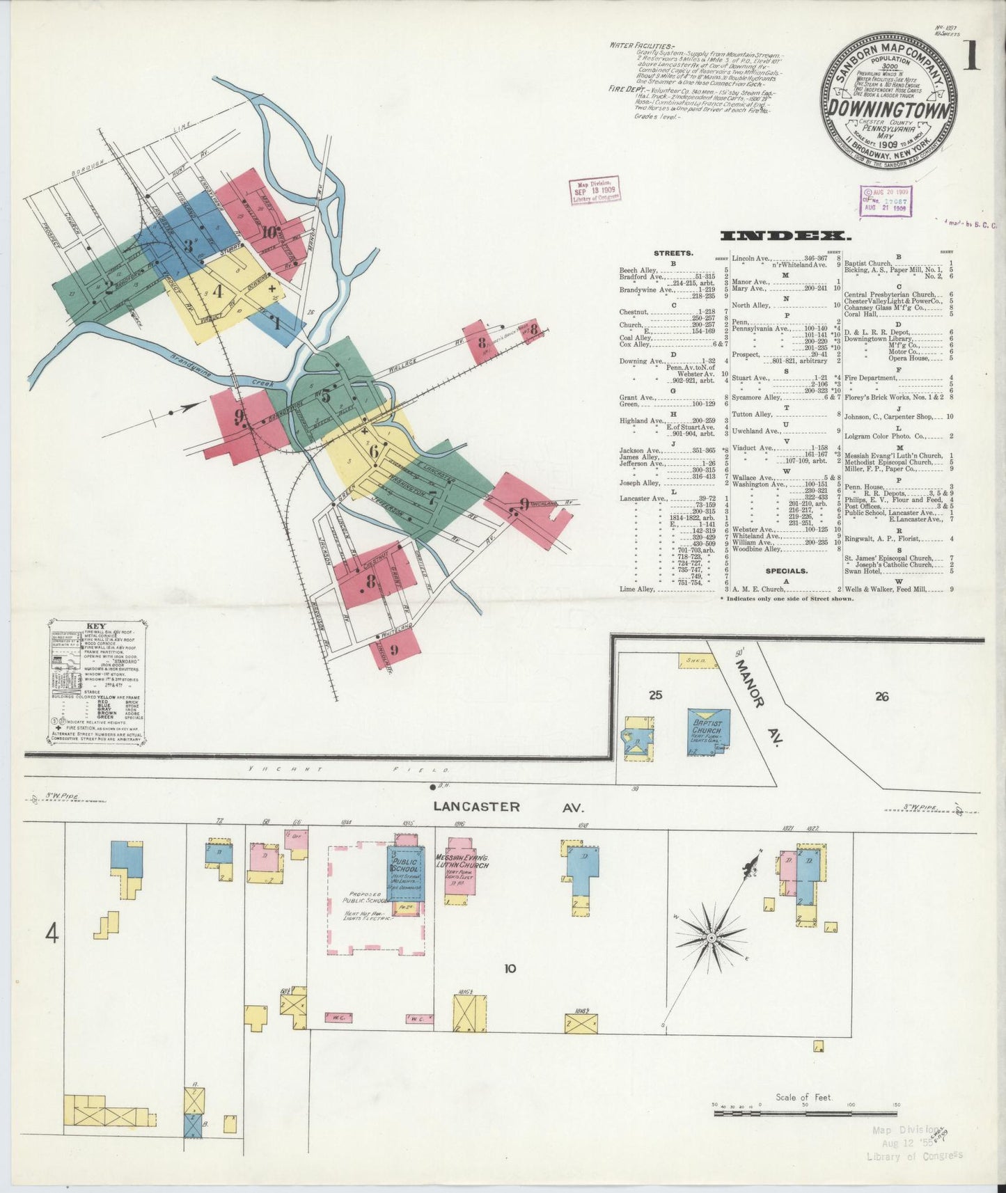 Sanborn Fire Insurance Map from Downingtown, Chester County, Pennsylvania (1909), Sheet #0001 - Historic Sanborn Fire Insurance Map Print, vintage old map wall art, antique decor, genealogy gift, Pennsylvania Pennsylvania map