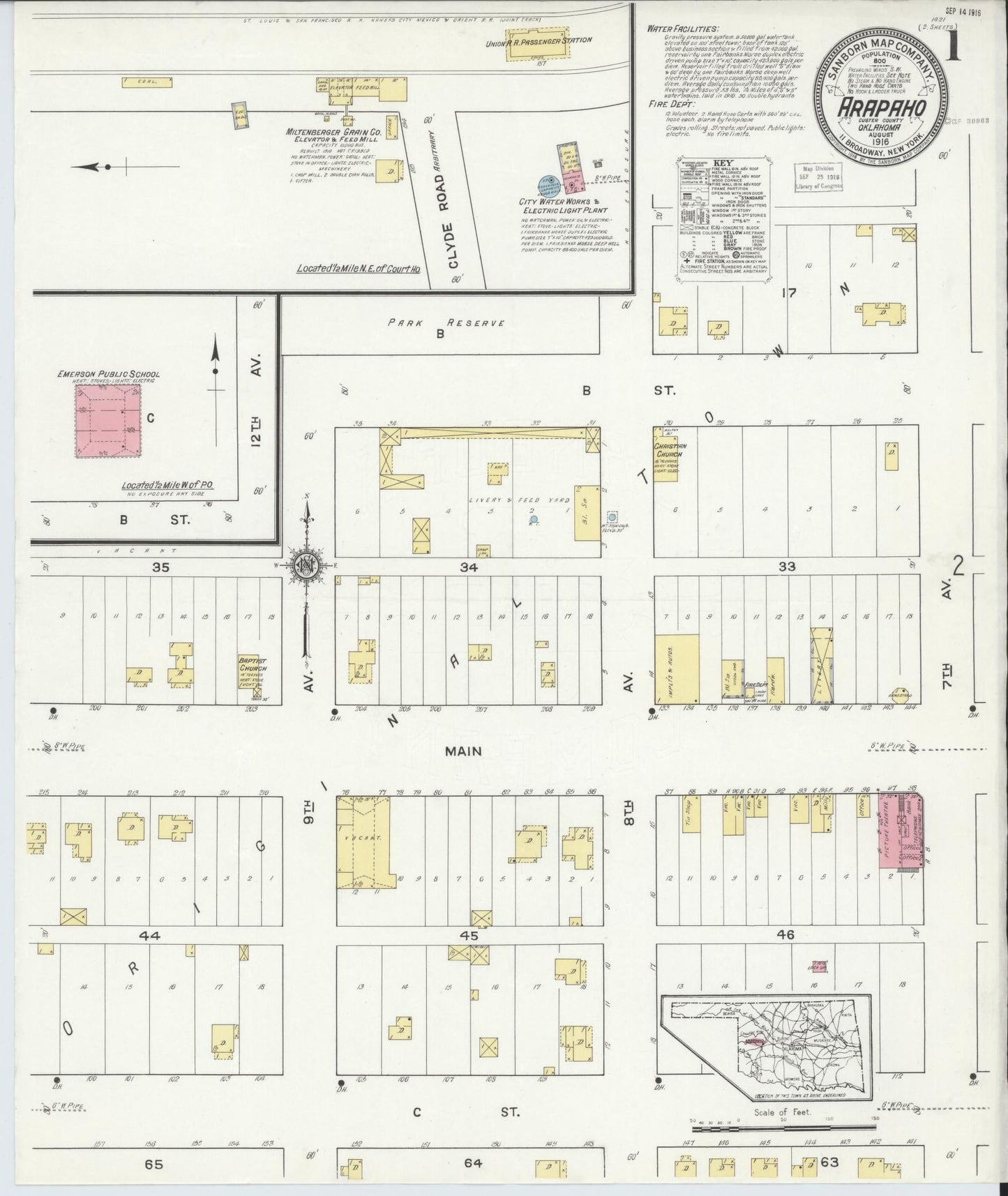Sanborn Fire Insurance Map from Arapaho, Custer County, Oklahoma (1916), Sheet #0001 - Historic Sanborn Fire Insurance Map Print, vintage old map wall art, antique decor, genealogy gift, Oklahoma Oklahoma map