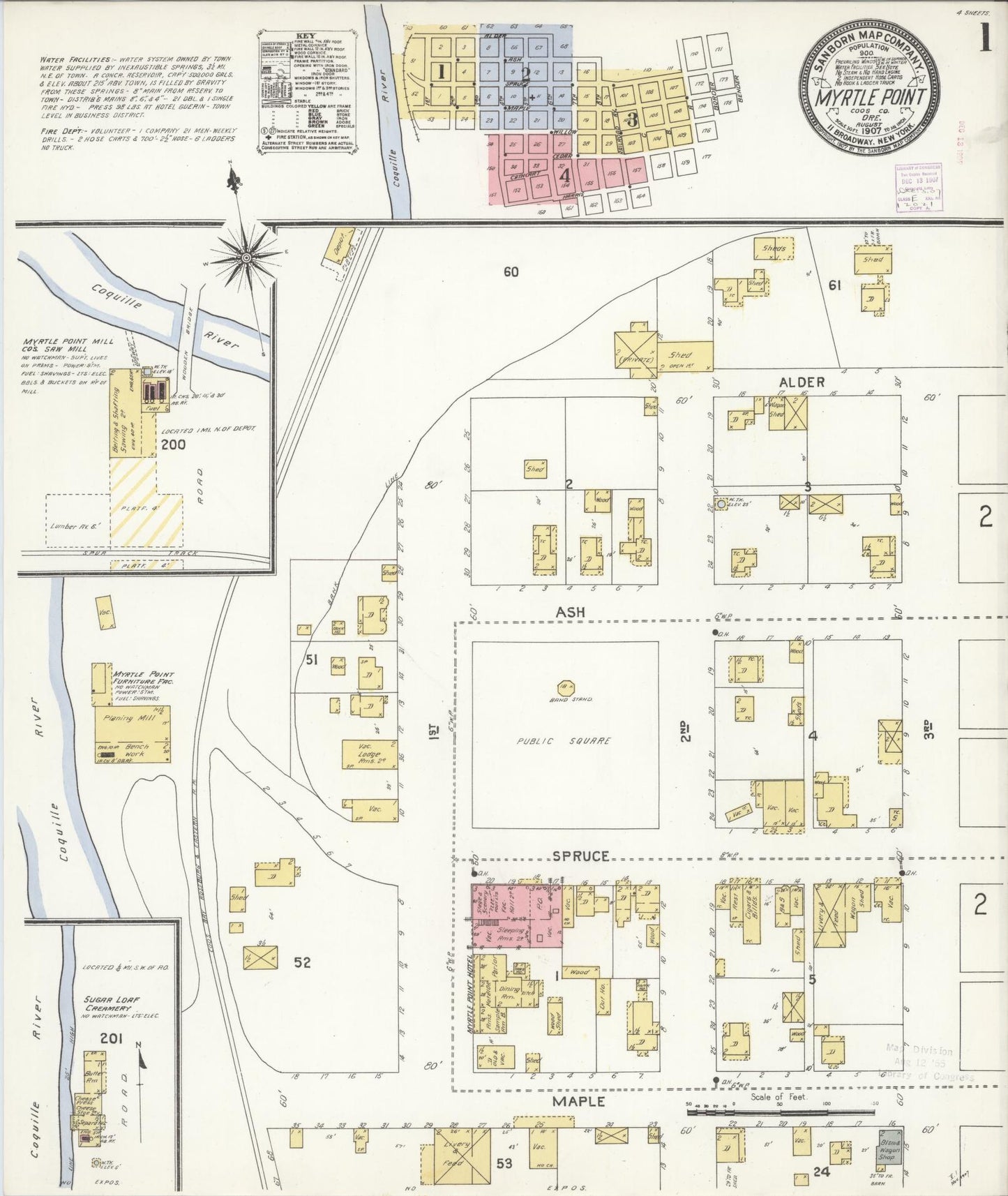 Sanborn Fire Insurance Map from Myrtle Point, Coos County, Oregon (1907), Sheet #0001 - Historic Sanborn Fire Insurance Map Print, vintage old map wall art, antique decor, genealogy gift, Oregon Oregon map