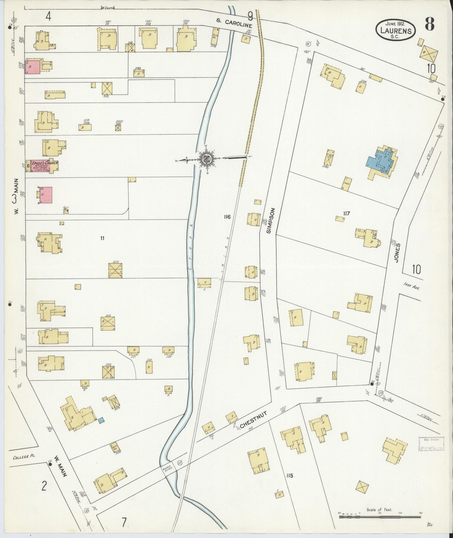 Sanborn Fire Insurance Map from Laurens, Laurens County, South Carolina (1912), Sheet #0008 - Historic Sanborn Fire Insurance Map Print, vintage old map wall art, antique decor, genealogy gift, South Carolina South Carolina map