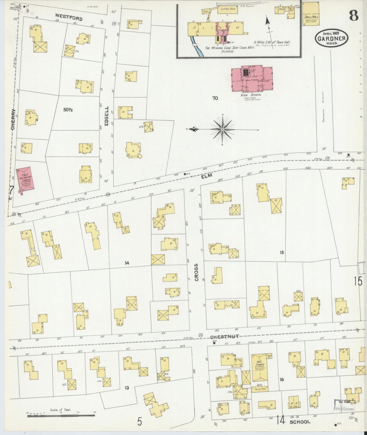 Sanborn Fire Insurance Map from Gardner, Worcester County, Massachusetts (1905), Sheet #0008 - Historic Sanborn Fire Insurance Map Print, vintage old map wall art, antique decor, genealogy gift, Massachusetts Massachusetts map