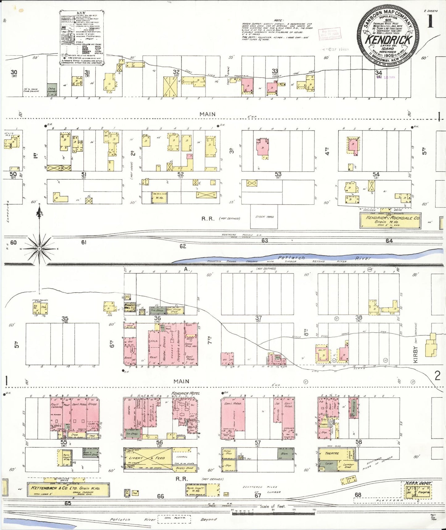 Sanborn Fire Insurance Map from Kendrick, Latah County, Idaho (1909), Sheet #0001 - Historic Sanborn Fire Insurance Map Print, vintage old map wall art, antique decor, genealogy gift, Idaho Idaho map