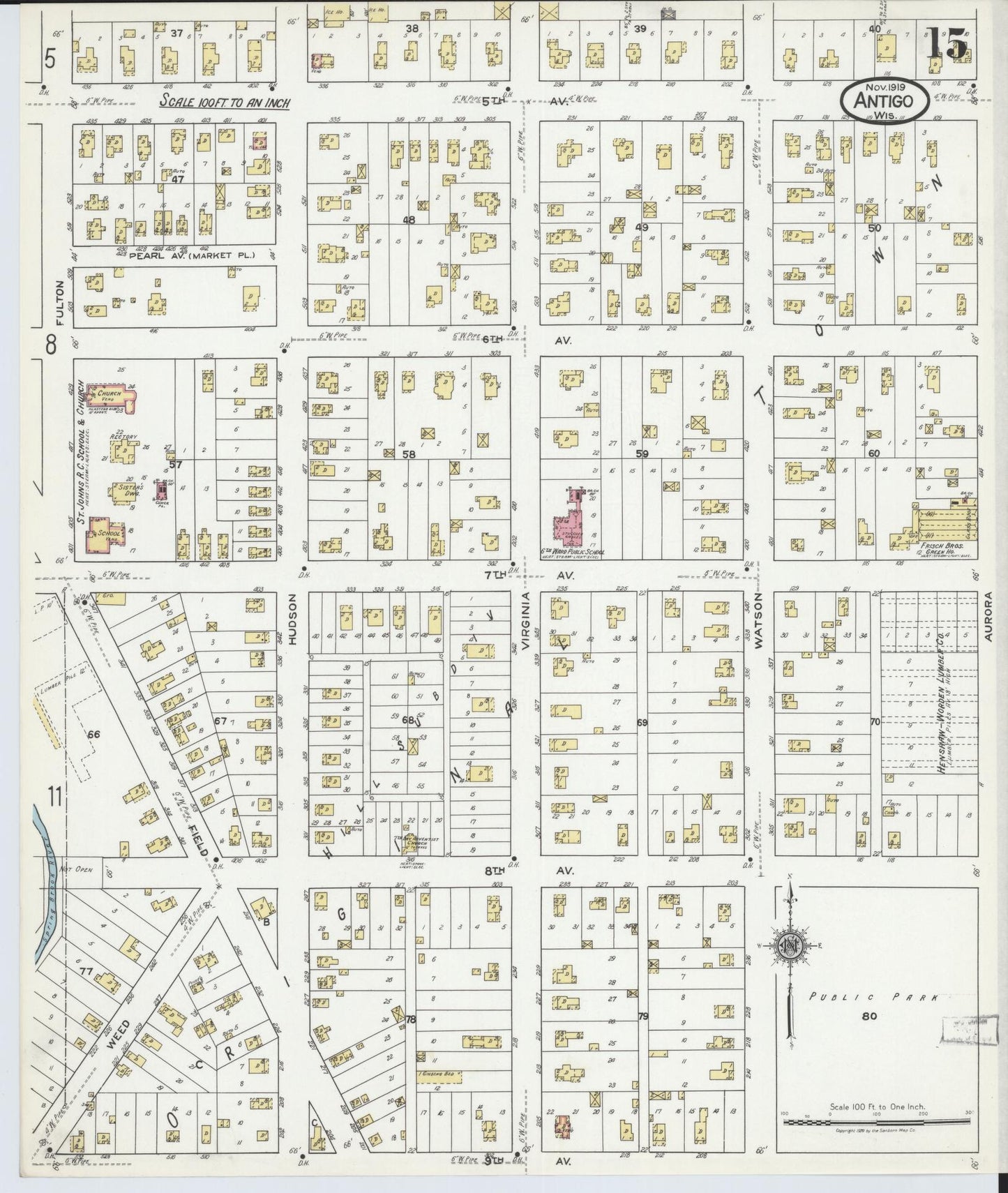 Sanborn Fire Insurance Map from Antigo, Langlade County, Wisconsin (1919), Sheet #0015 - Historic Sanborn Fire Insurance Map Print, vintage old map wall art, antique decor, genealogy gift, Wisconsin Wisconsin map
