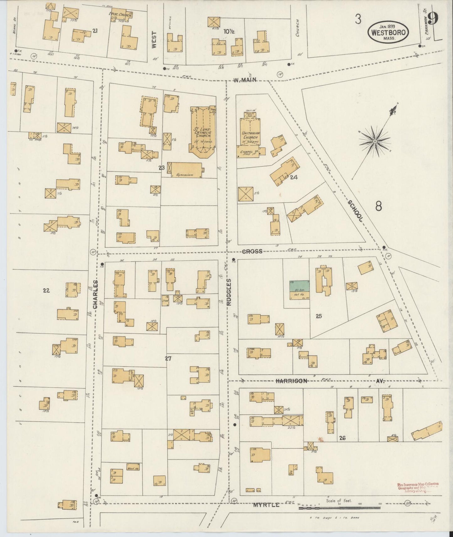 Sanborn Fire Insurance Map from Westboro, Worcester County, Massachusetts (1899), Sheet #0009 - Historic Sanborn Fire Insurance Map Print, vintage old map wall art, antique decor, genealogy gift, Massachusetts Massachusetts map