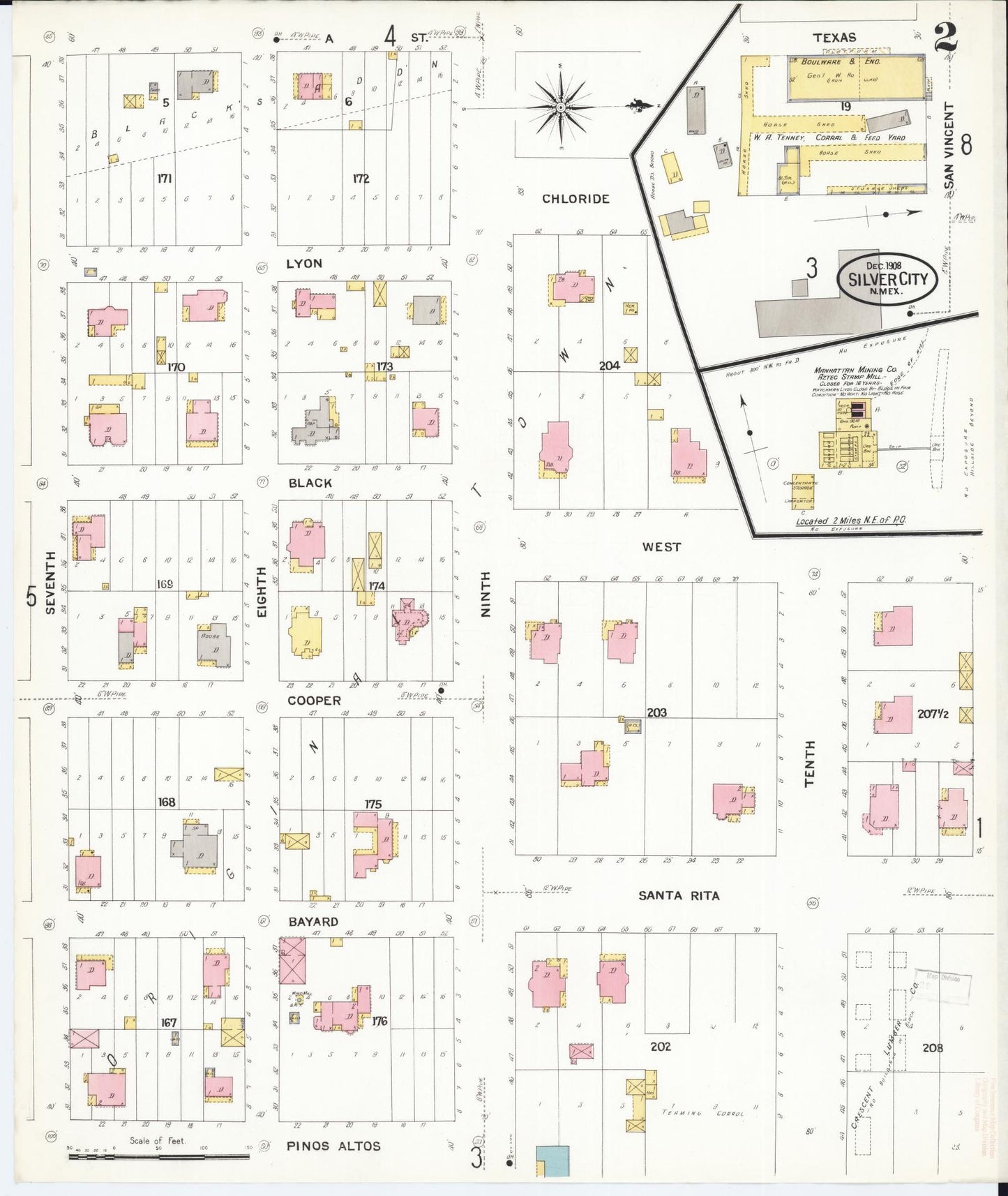 Sanborn Fire Insurance Map from Silver City, Grant County, New Mexico (1908), Sheet #0002 - Historic Sanborn Fire Insurance Map Print, vintage old map wall art, antique decor, genealogy gift, New Mexico New Mexico map