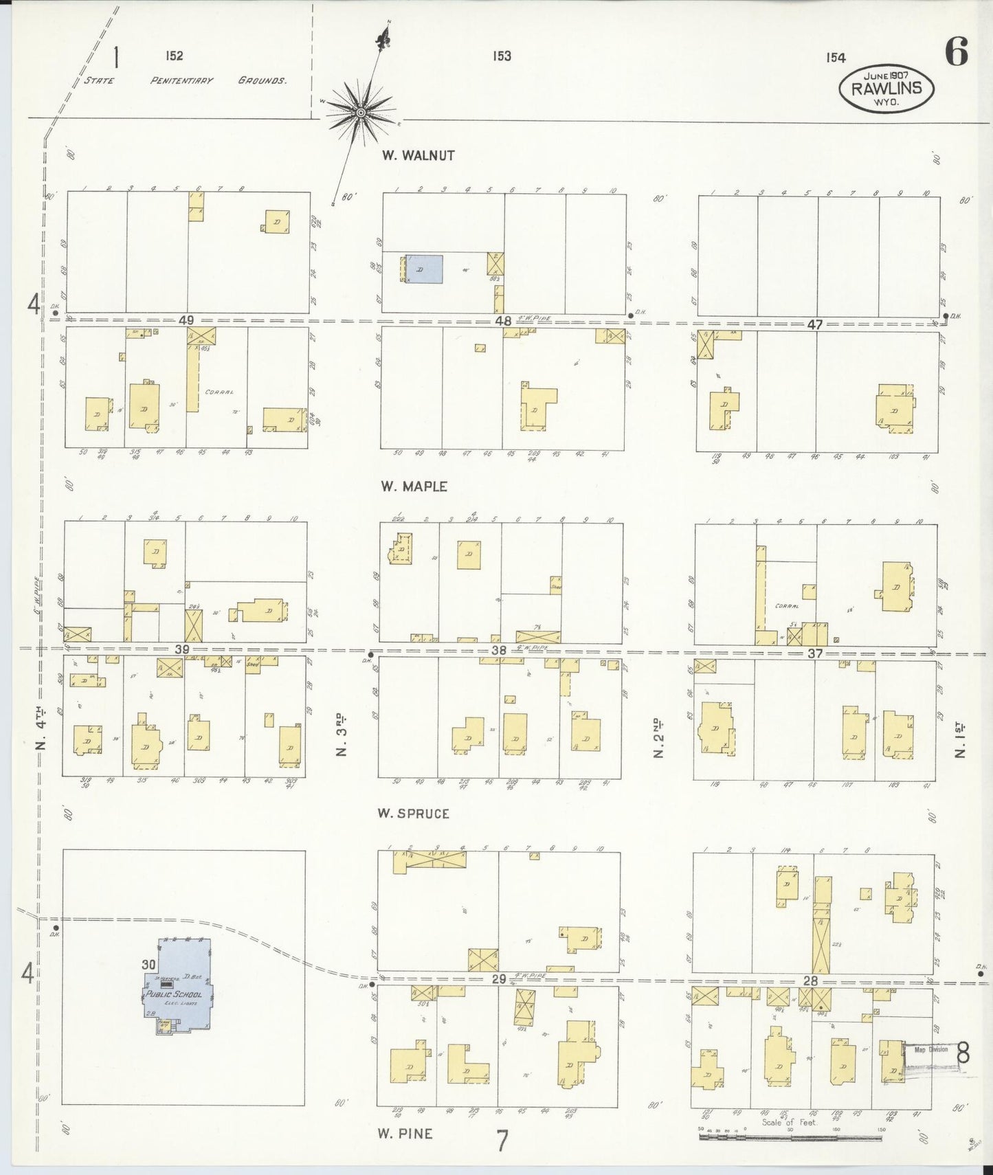 Sanborn Fire Insurance Map from Rawlins, Carbon County, Wyoming (1907), Sheet #0006 - Historic Sanborn Fire Insurance Map Print, vintage old map wall art, antique decor, genealogy gift, Wyoming Wyoming map