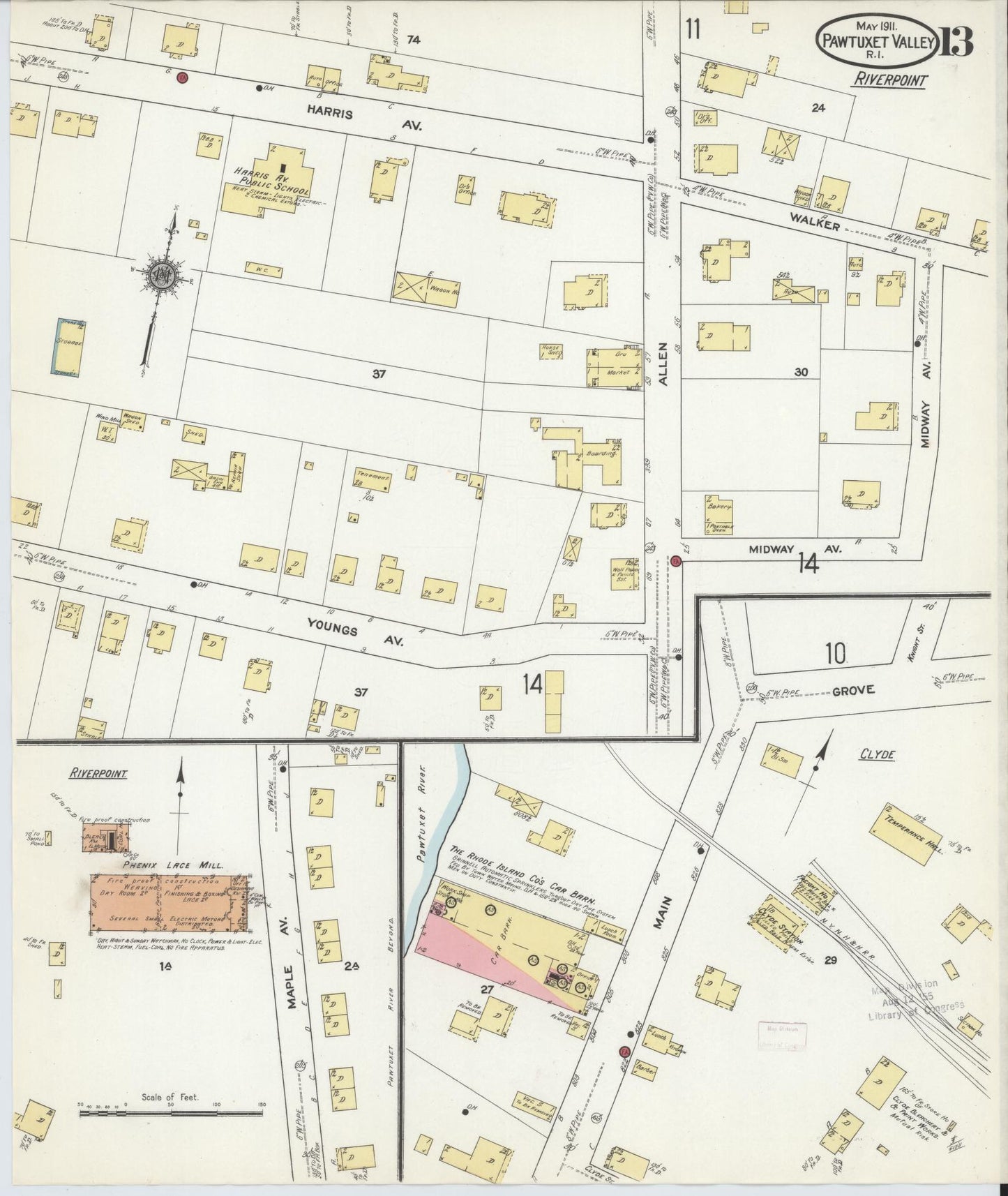 Sanborn Fire Insurance Map from Pawtuxet Valley, Kent and Providence Counties, Rhode Island (1911), Sheet #0013 - Historic Sanborn Fire Insurance Map Print, vintage old map wall art, antique decor, genealogy gift, Washington Washington map