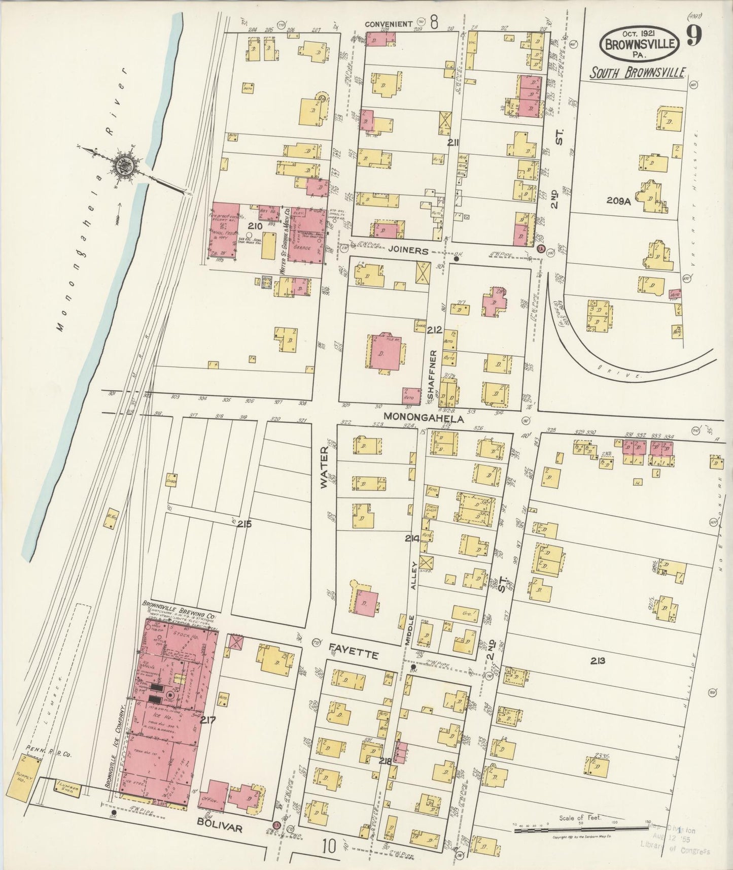 Sanborn Fire Insurance Map from Brownsville, Fayette County, Pennsylvania (1921), Sheet #0009 - Historic Sanborn Fire Insurance Map Print, vintage old map wall art, antique decor, genealogy gift, Pennsylvania Pennsylvania map