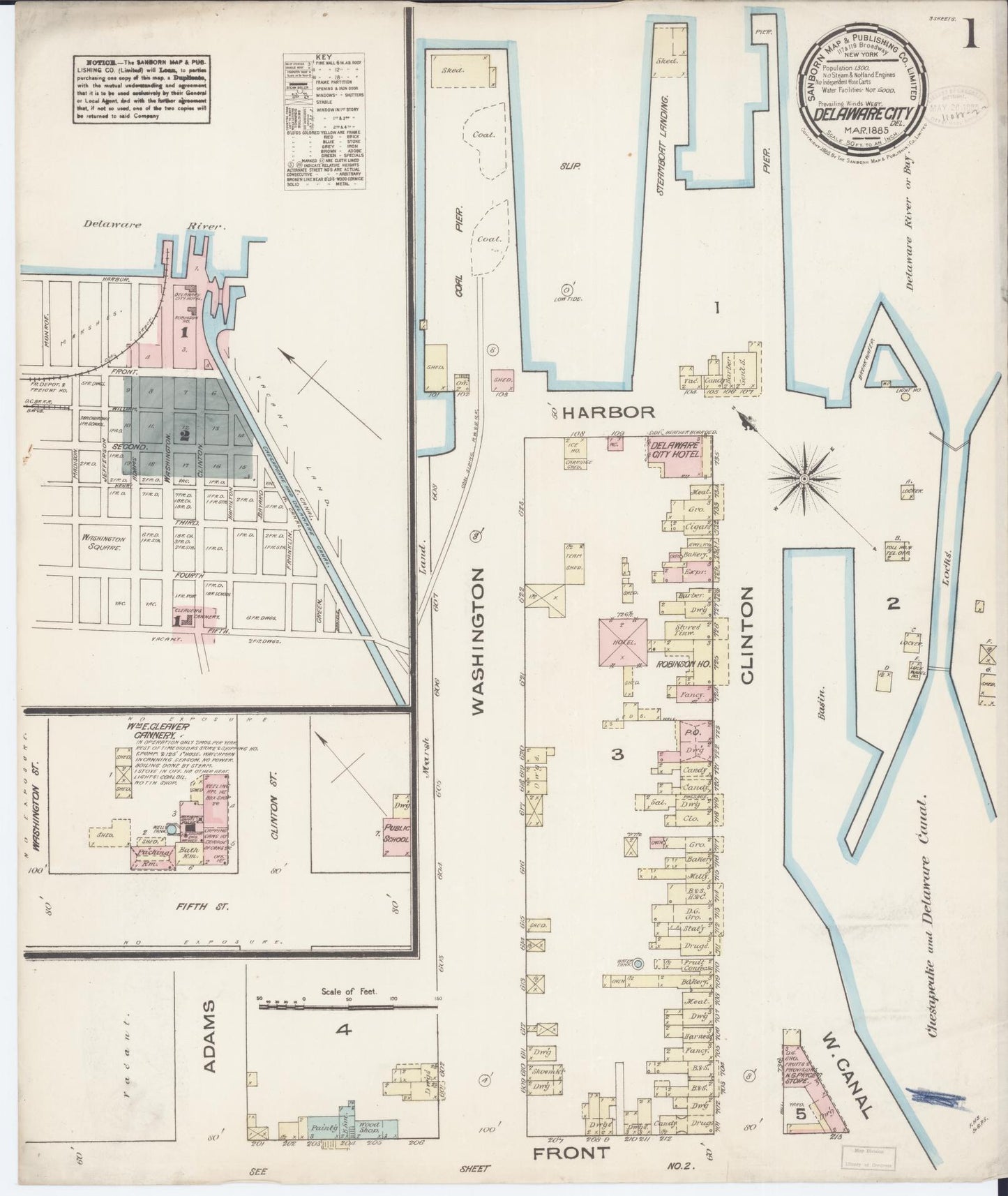 Sanborn Fire Insurance Map from Delaware City, New Castle County, Delaware (1885), Sheet #0001 - Historic Sanborn Fire Insurance Map Print, vintage old map wall art, antique decor, genealogy gift, Delaware Delaware map