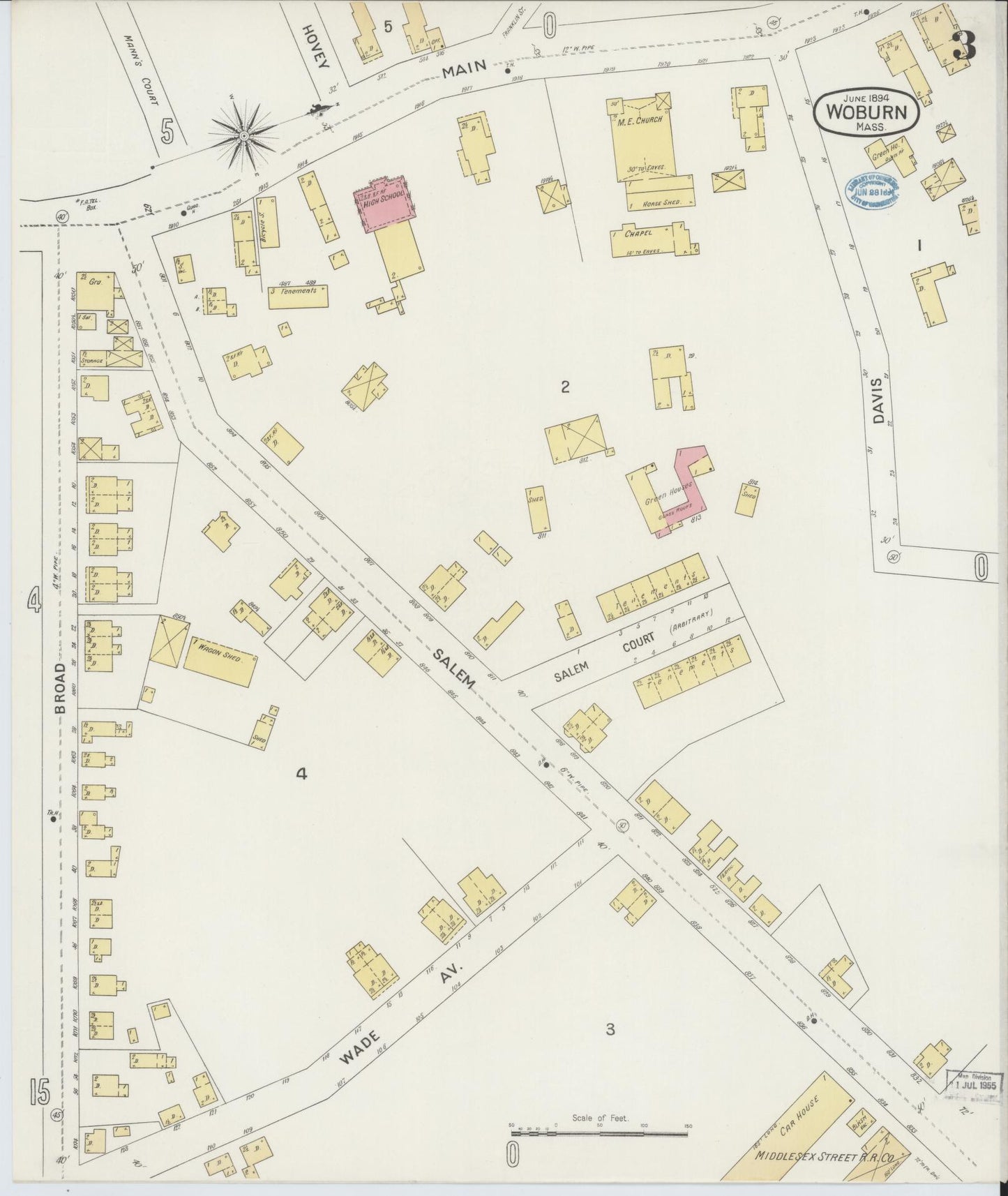 Sanborn Fire Insurance Map from Woburn, Middlesex County, Massachusetts (1894), Sheet #0003 - Historic Sanborn Fire Insurance Map Print, vintage old map wall art, antique decor, genealogy gift, Massachusetts Massachusetts map