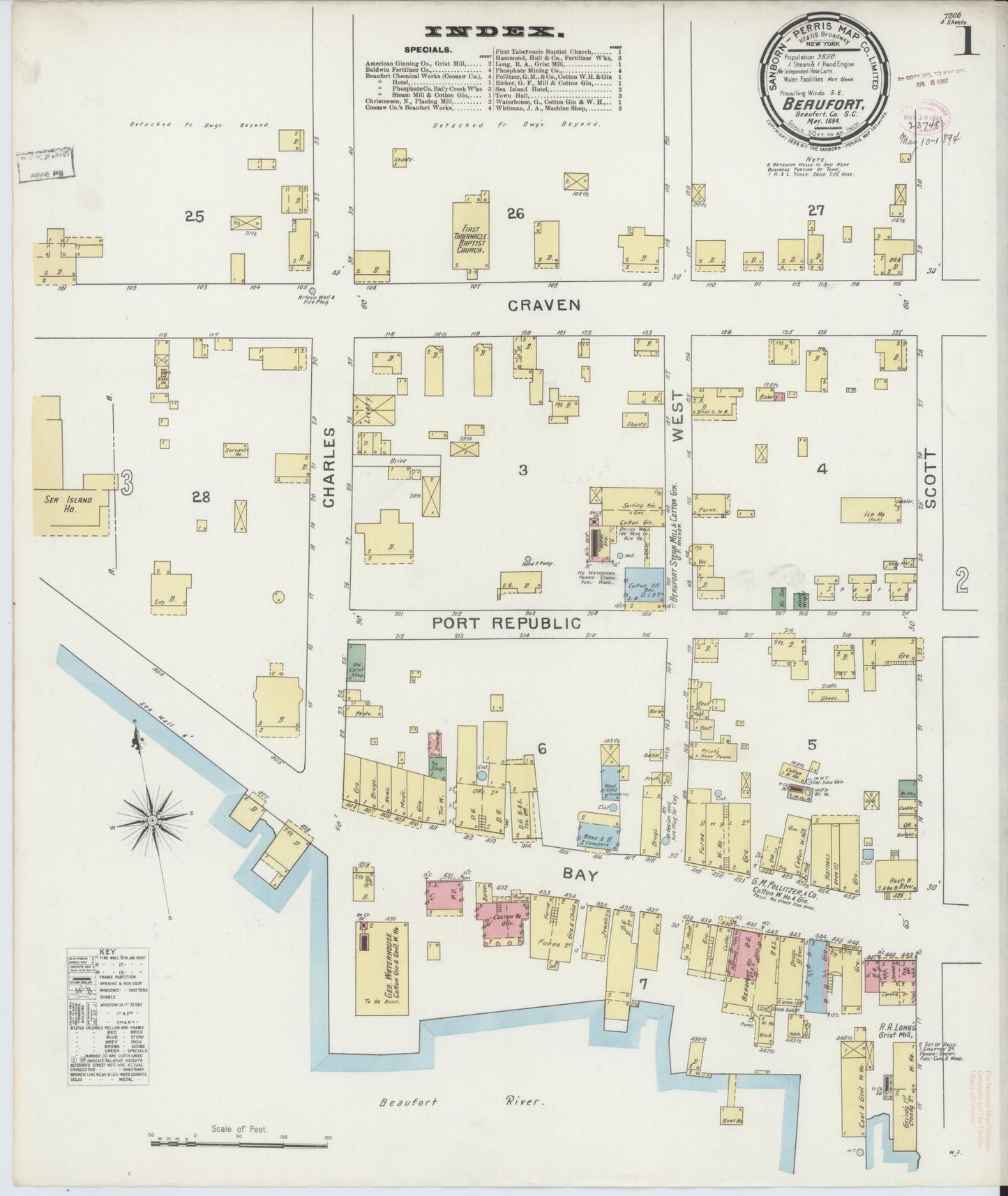 Sanborn Fire Insurance Map from Beaufort, Beaufort County, South Carolina (1894), Sheet #0001 - Historic Sanborn Fire Insurance Map Print, vintage old map wall art, antique decor, genealogy gift, South Carolina South Carolina map