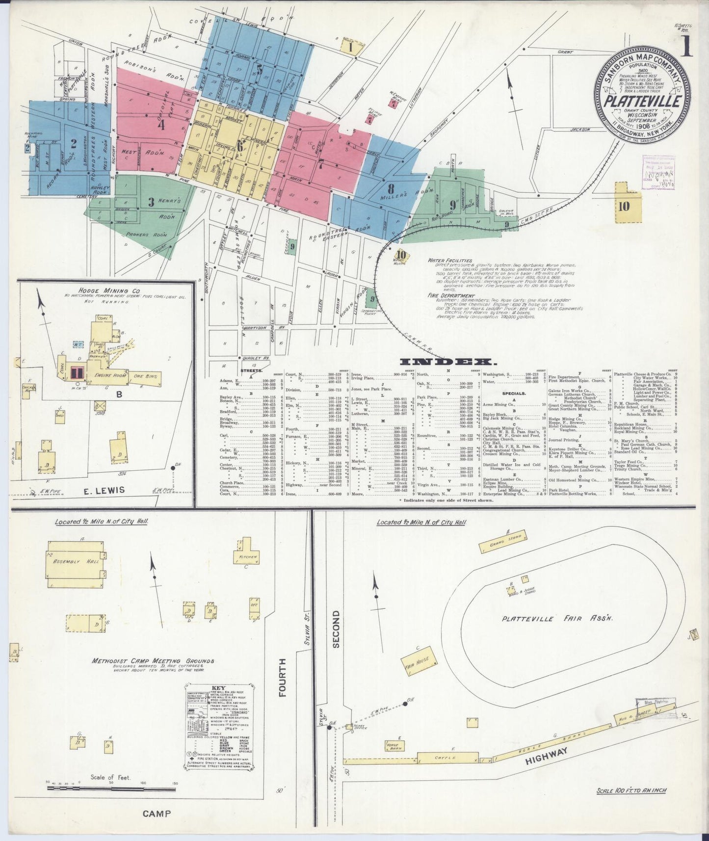 Sanborn Fire Insurance Map from Platteville, Grant County, Wisconsin (1908), Sheet #0001 - Historic Sanborn Fire Insurance Map Print, vintage old map wall art, antique decor, genealogy gift, Wisconsin Wisconsin map