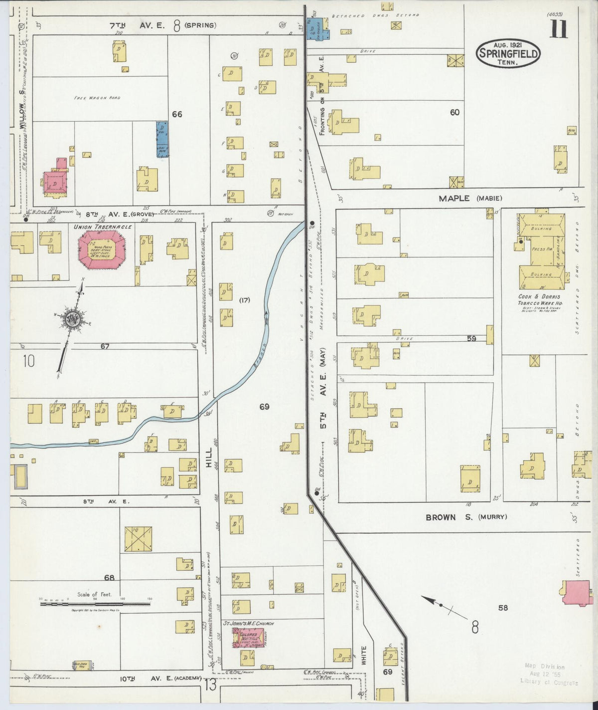 Sanborn Fire Insurance Map from Springfield, Robertson County, Tennessee (1921), Sheet #0011 - Historic Sanborn Fire Insurance Map Print, vintage old map wall art, antique decor, genealogy gift, Tennessee Tennessee map