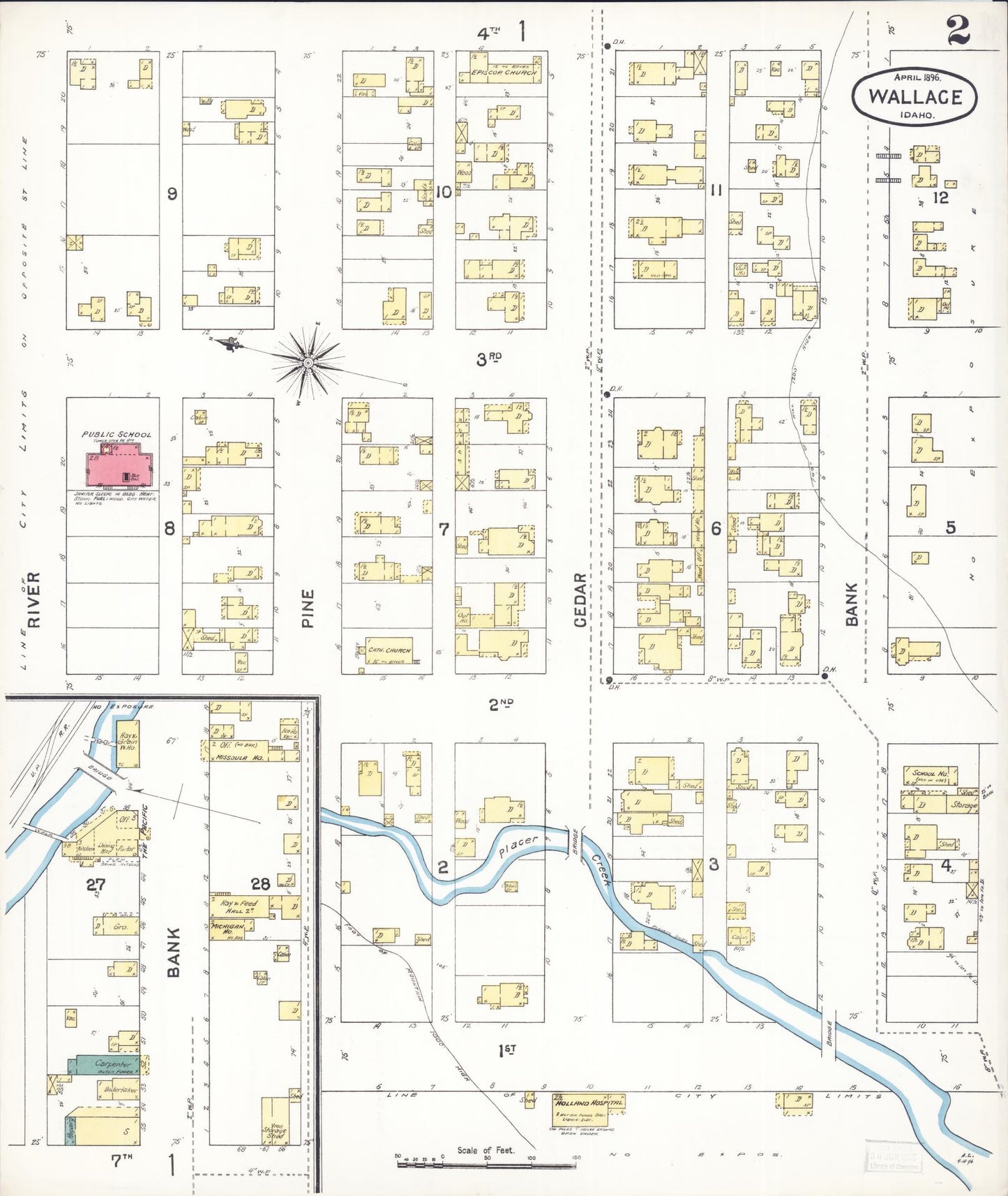 Sanborn Fire Insurance Map from Wallace, Shoshone County, Idaho (1896), Sheet #0002 - Historic Sanborn Fire Insurance Map Print, vintage old map wall art, antique decor, genealogy gift, Idaho Idaho map