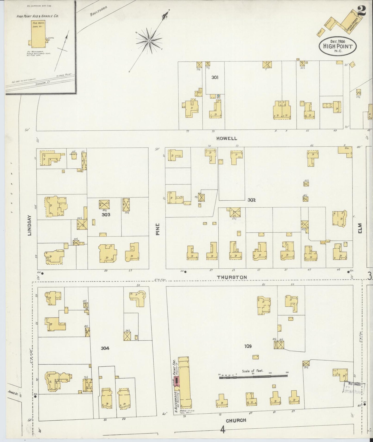 Sanborn Fire Insurance Map from High Point, Guilford County, North Carolina (1906), Sheet #0002 - Historic Sanborn Fire Insurance Map Print, vintage old map wall art, antique decor, genealogy gift, North Carolina North Carolina map