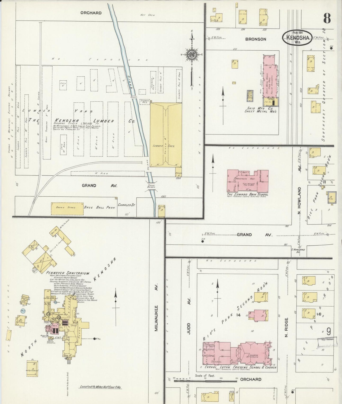 Sanborn Fire Insurance Map from Kenosha, Kenosha County, Wisconsin (1911), Sheet #0008 - Historic Sanborn Fire Insurance Map Print, vintage old map wall art, antique decor, genealogy gift, Wisconsin Wisconsin map