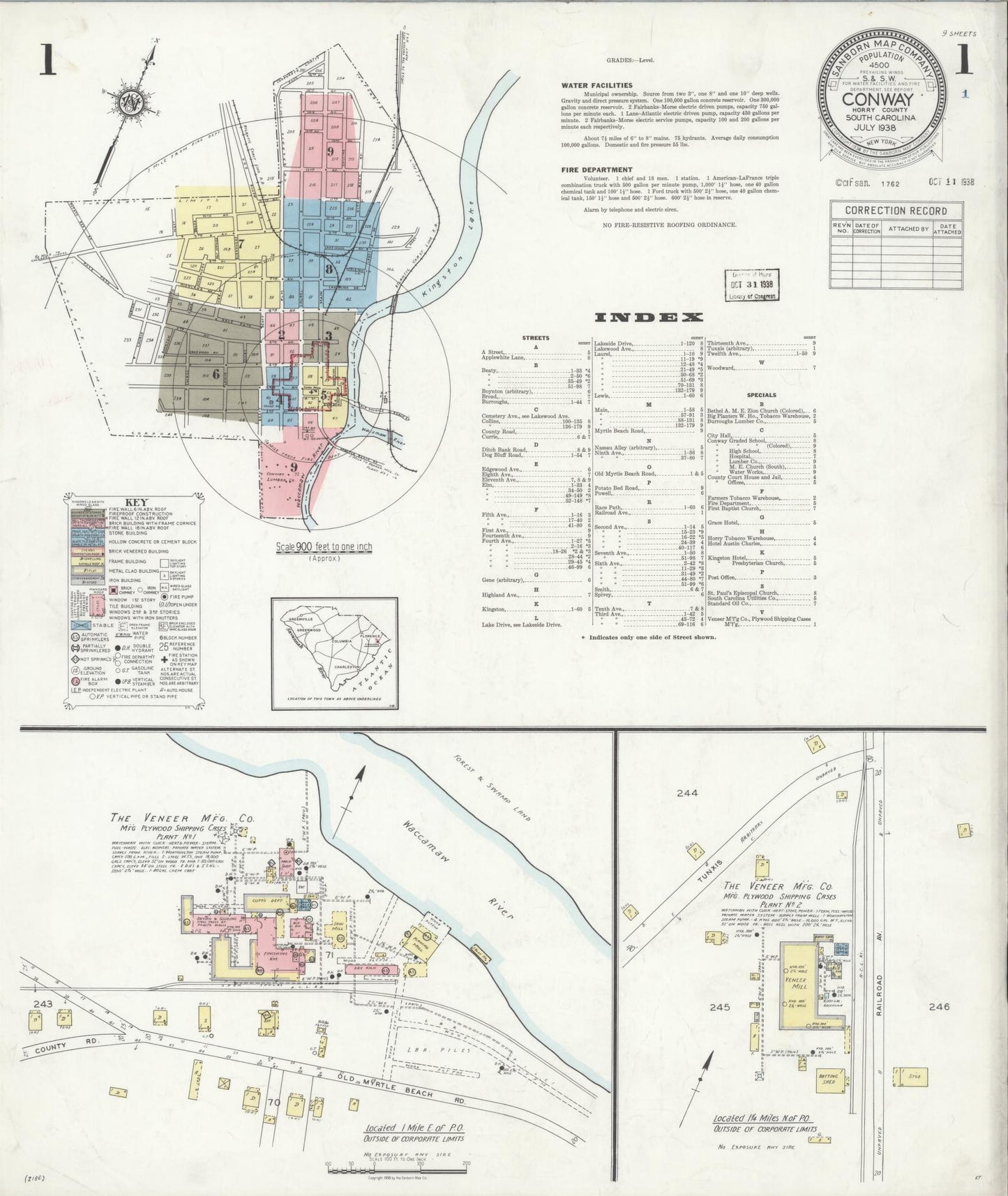 Sanborn Fire Insurance Map from Conway, Horry County, South Carolina (1938), Sheet #0001 - Historic Sanborn Fire Insurance Map Print, vintage old map wall art, antique decor, genealogy gift, South Carolina South Carolina map