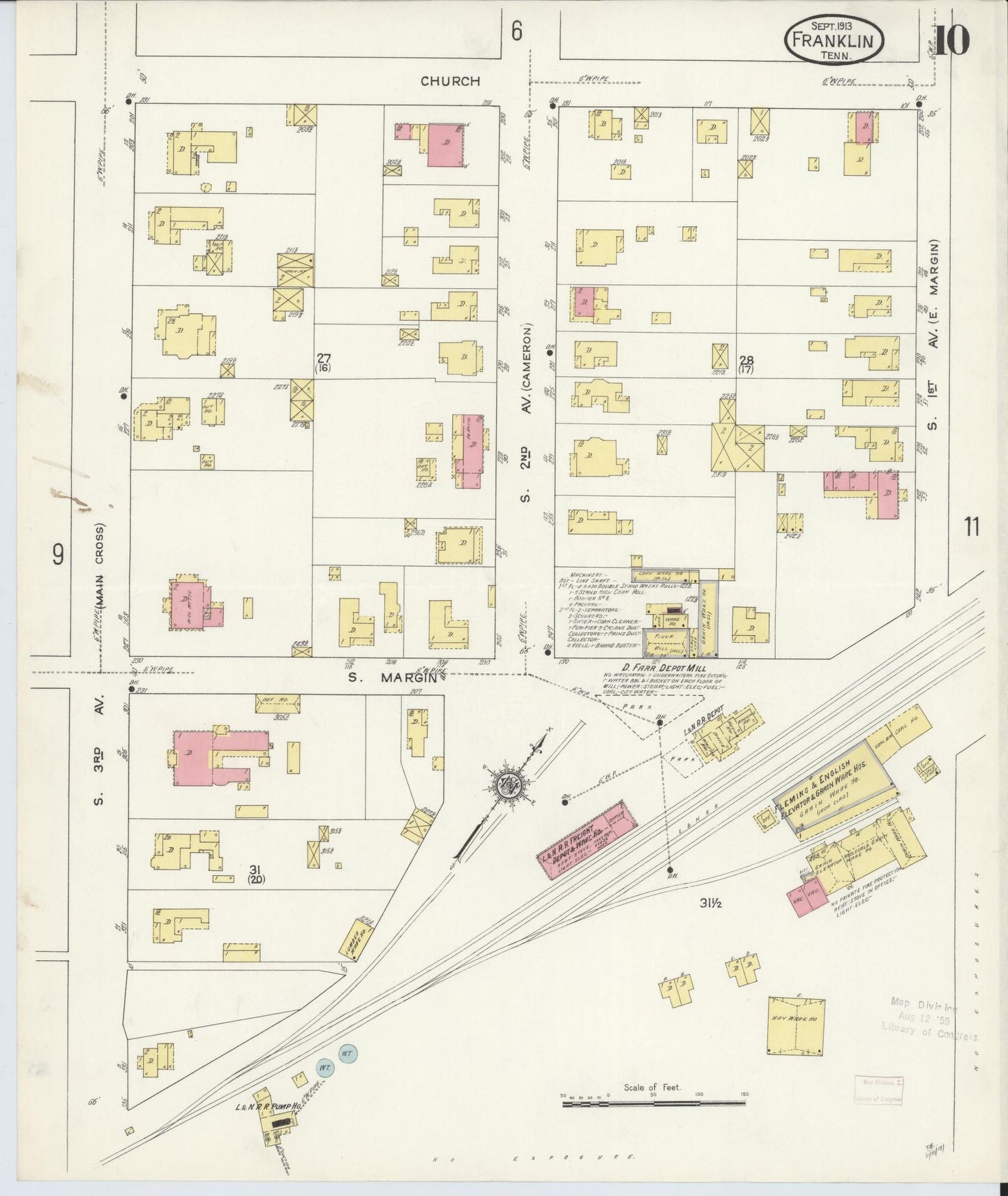 Sanborn Fire Insurance Map from Franklin, Williamson County, Tennessee (1913), Sheet #0010 - Historic Sanborn Fire Insurance Map Print, vintage old map wall art, antique decor, genealogy gift, Tennessee Tennessee map