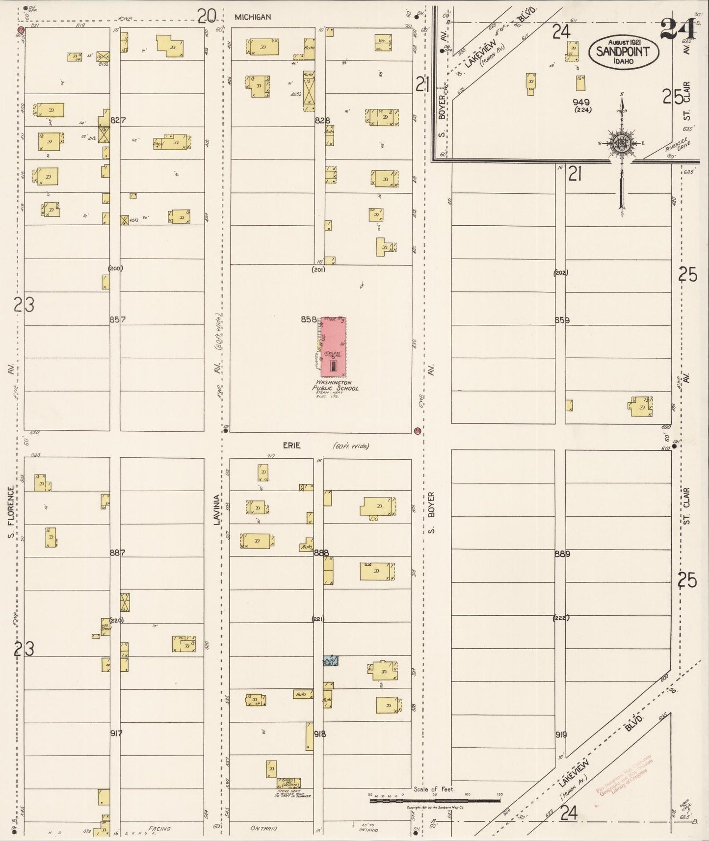 Sanborn Fire Insurance Map from Sandpoint, Bonner County, Idaho (1921), Sheet #0024 - Historic Sanborn Fire Insurance Map Print, vintage old map wall art, antique decor, genealogy gift, Idaho Idaho map