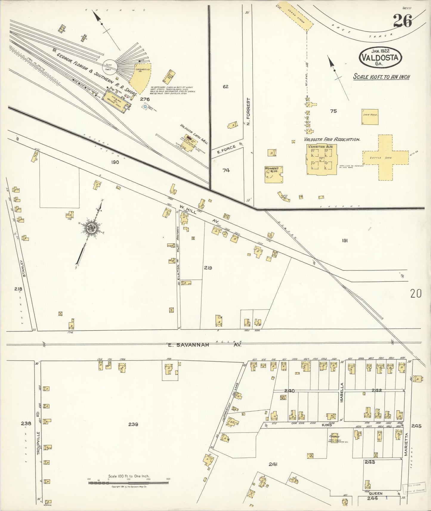 Sanborn Fire Insurance Map from Valdosta, Lowndes County, Georgia (1922), Sheet #0026 - Historic Sanborn Fire Insurance Map Print, vintage old map wall art, antique decor, genealogy gift, Georgia Georgia map