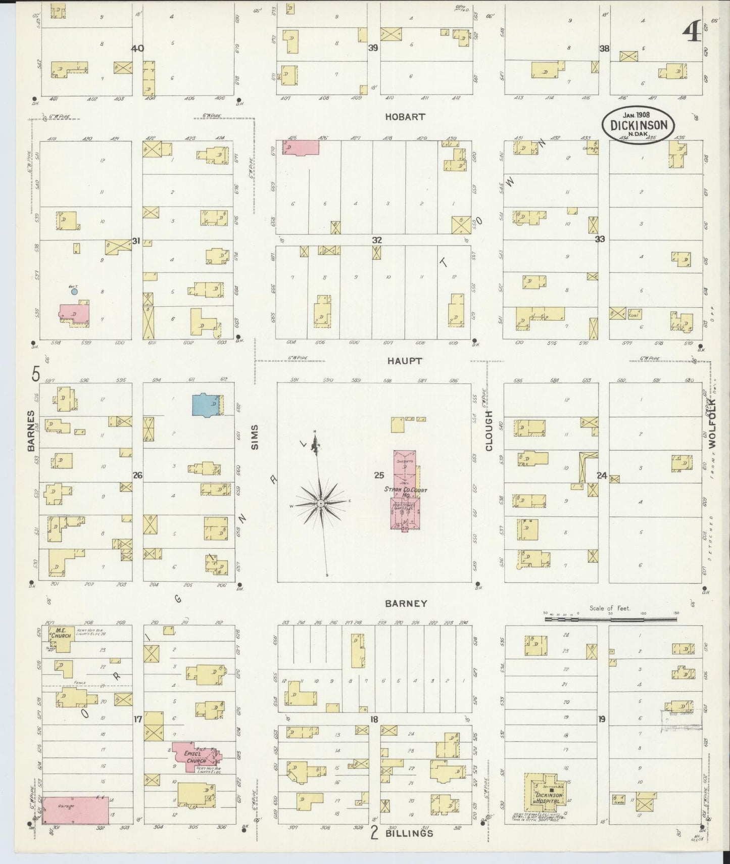 Sanborn Fire Insurance Map from Dickinson, Stark County, North Dakota (1908), Sheet #0004 - Historic Sanborn Fire Insurance Map Print, vintage old map wall art, antique decor, genealogy gift, North Dakota North Dakota map