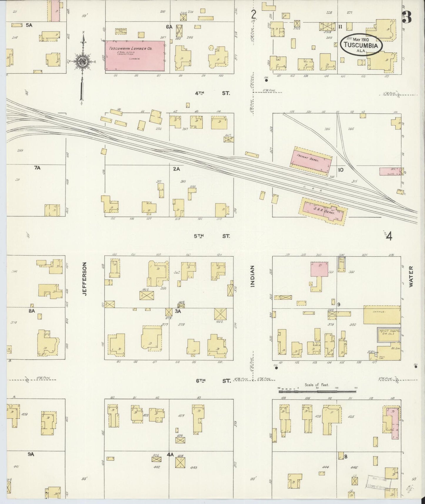 Sanborn Fire Insurance Map from Tuscumbia, Colbert County, Alabama (1910), Sheet #0003 - Historic Sanborn Fire Insurance Map Print, vintage old map wall art, antique decor, genealogy gift, Alabama Alabama map