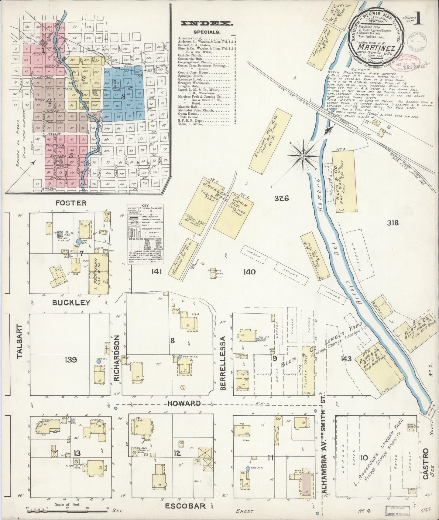 Sanborn Fire Insurance Map from Martinez, Contra Costa County, California (1891), Sheet #0001 - Historic Sanborn Fire Insurance Map Print, vintage old map wall art, antique decor, genealogy gift, California California map