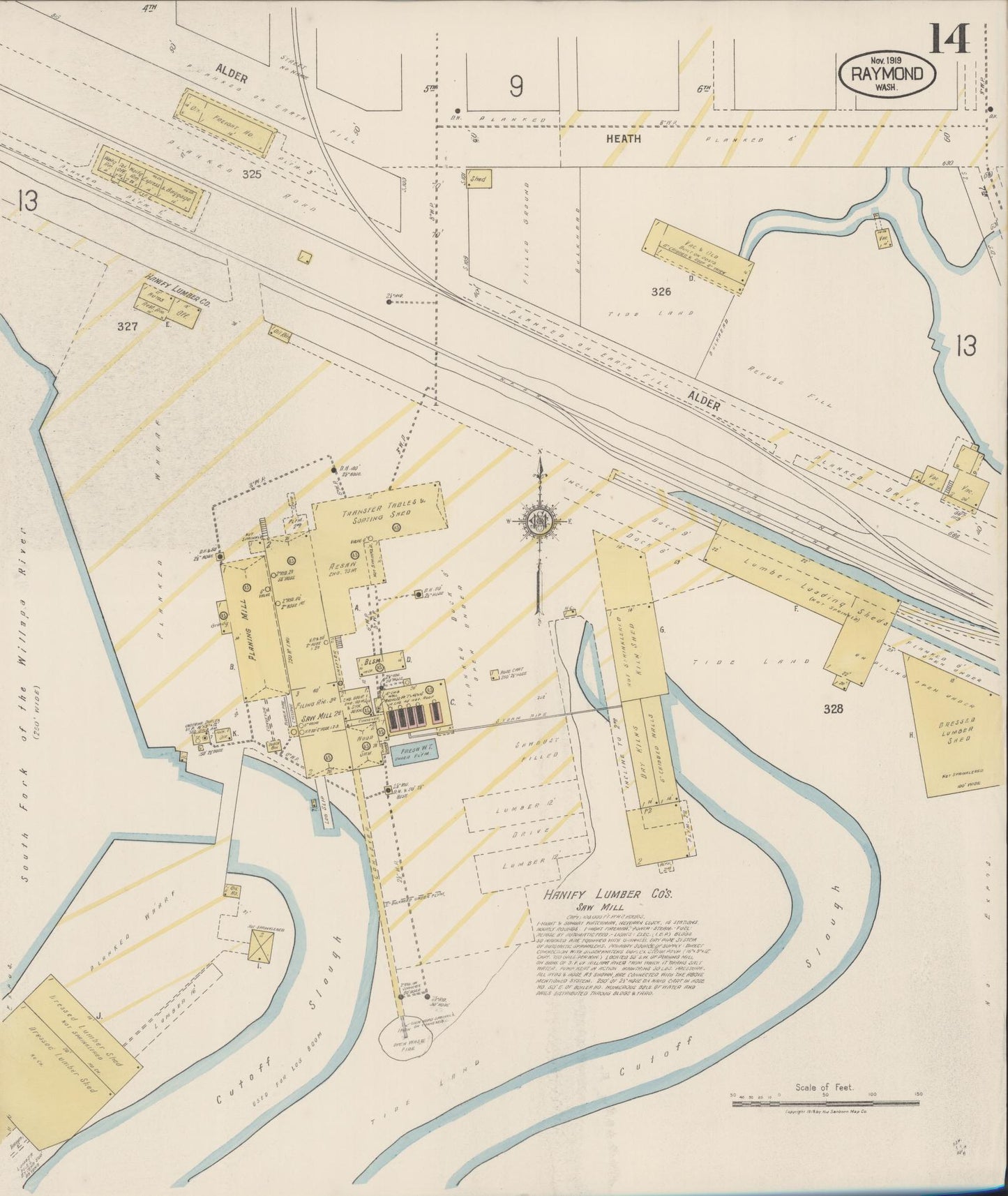 Sanborn Fire Insurance Map from Raymond, Pacific County, Washington (1919), Sheet #0014 - Historic Sanborn Fire Insurance Map Print, vintage old map wall art, antique decor, genealogy gift, Washington Washington map