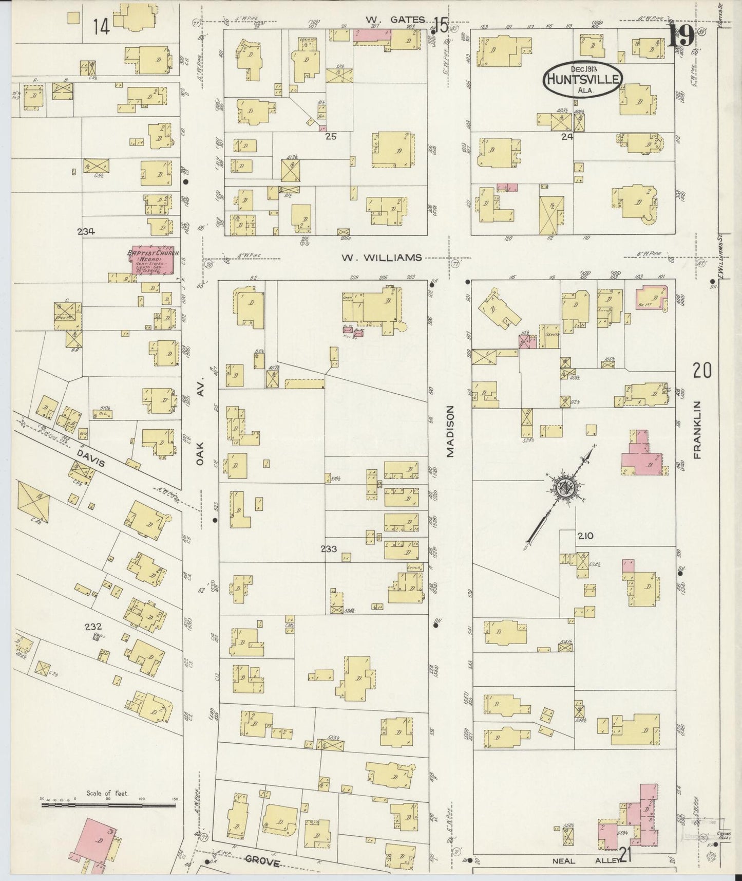 Sanborn Fire Insurance Map from Huntsville, Madison County, Alabama (1913), Sheet #0019 - Historic Sanborn Fire Insurance Map Print, vintage old map wall art, antique decor, genealogy gift, Alabama Alabama map