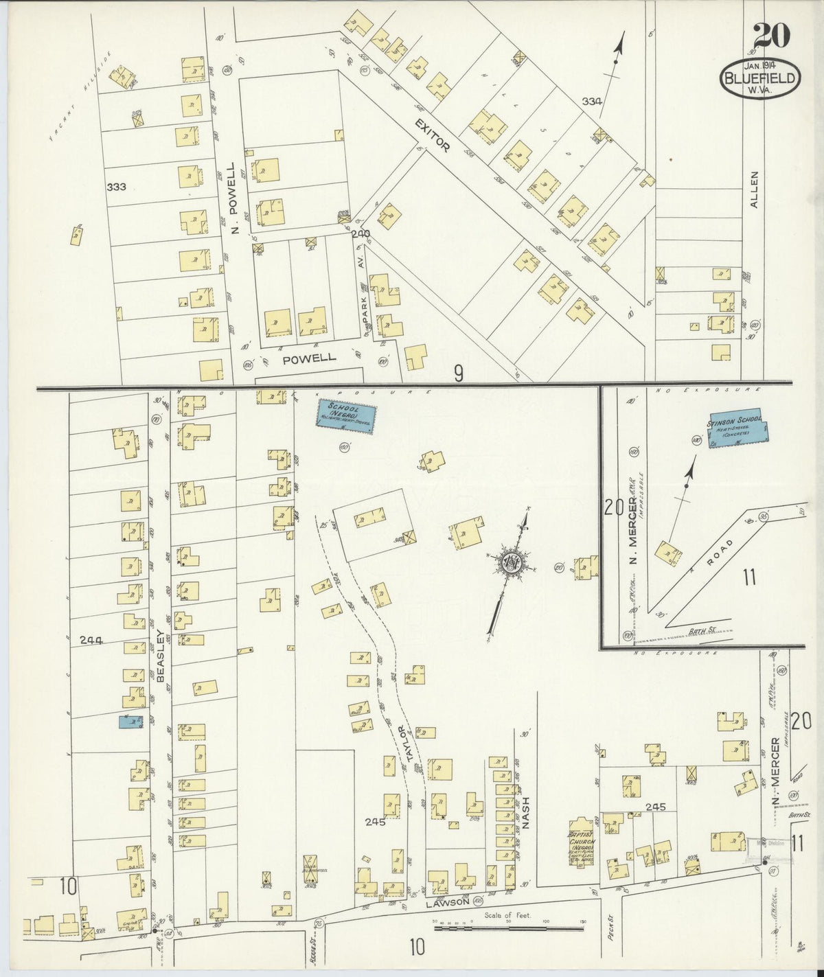 Sanborn Fire Insurance Map from Bluefield, Mercer County, West Virginia (1914), Sheet #0020 - Historic Sanborn Fire Insurance Map Print, vintage old map wall art, antique decor, genealogy gift, West Virginia West Virginia map