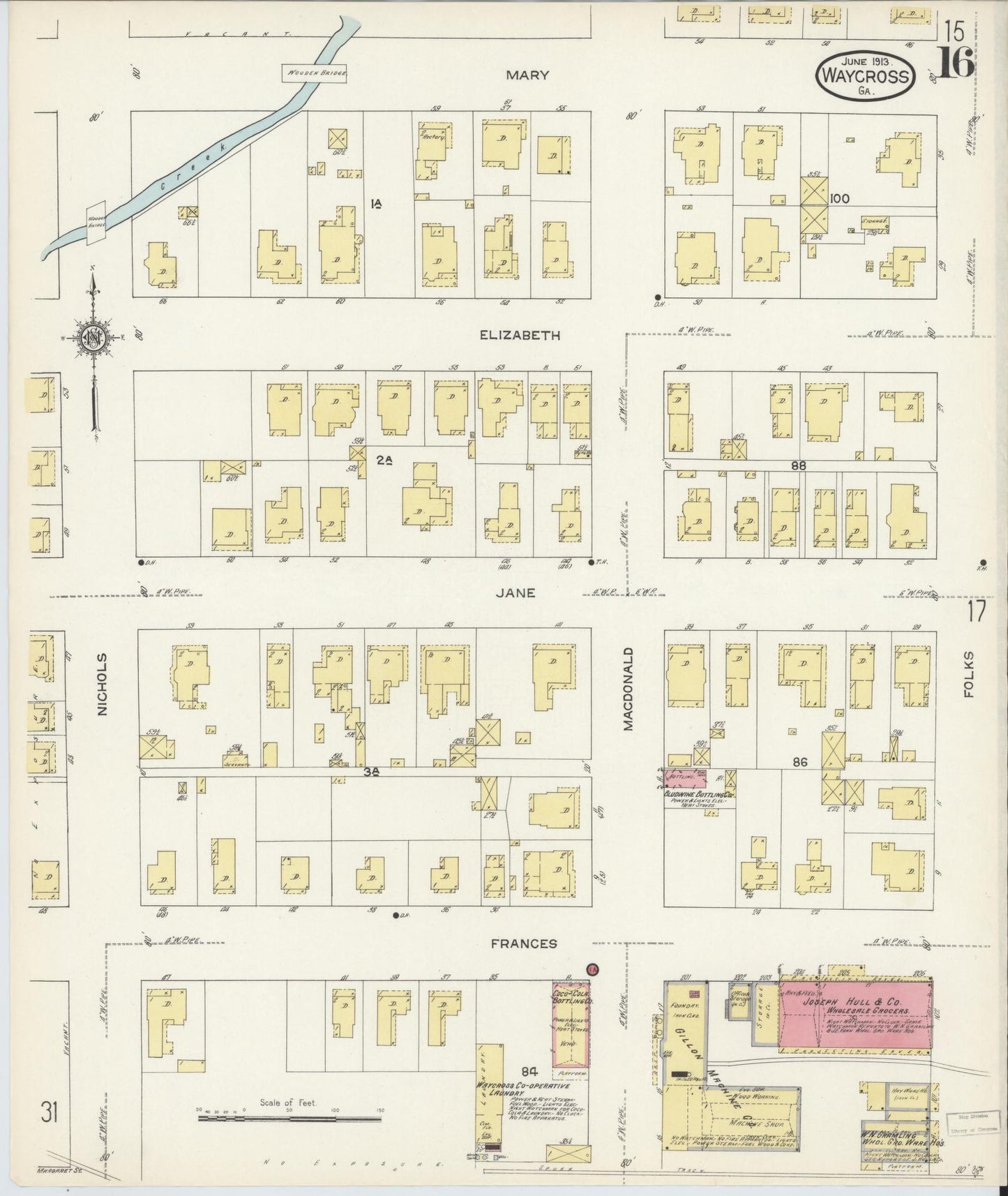 Sanborn Fire Insurance Map from Waycross, Ware County, Georgia (1913), Sheet #0016 - Historic Sanborn Fire Insurance Map Print, vintage old map wall art, antique decor, genealogy gift, Georgia Georgia map