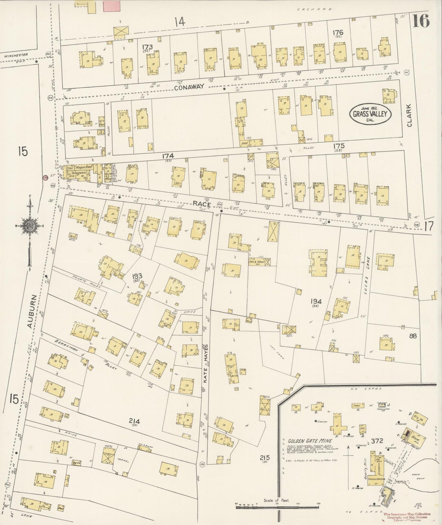 Sanborn Fire Insurance Map from Grass Valley, Nevada County, California (1912), Sheet #0016 - Historic Sanborn Fire Insurance Map Print, vintage old map wall art, antique decor, genealogy gift, Grass Valley Nevada map