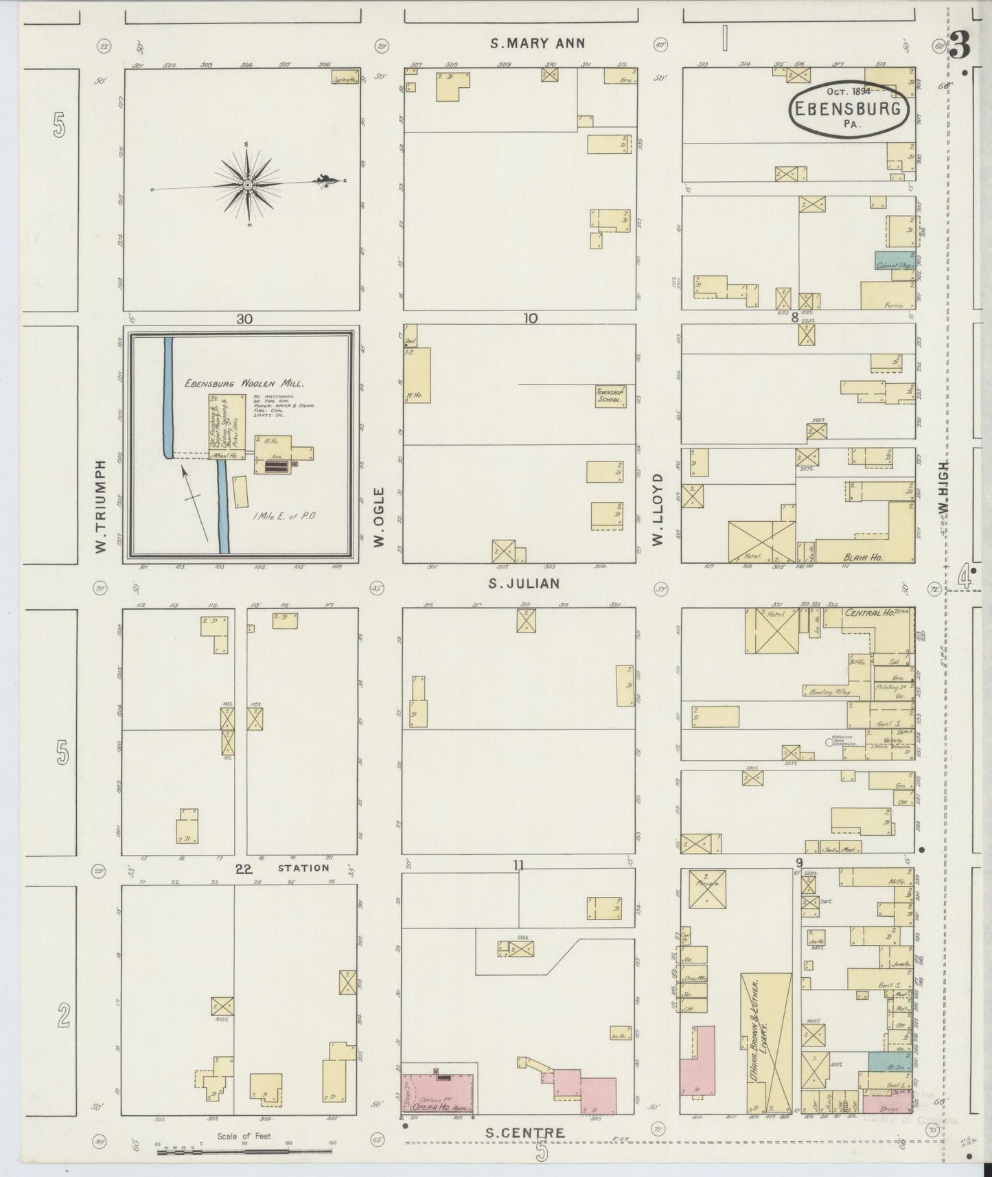 Sanborn Fire Insurance Map from Ebensburg, Cambria County, Pennsylvania (1894), Sheet #0003 - Historic Sanborn Fire Insurance Map Print, vintage old map wall art, antique decor, genealogy gift, Pennsylvania Pennsylvania map