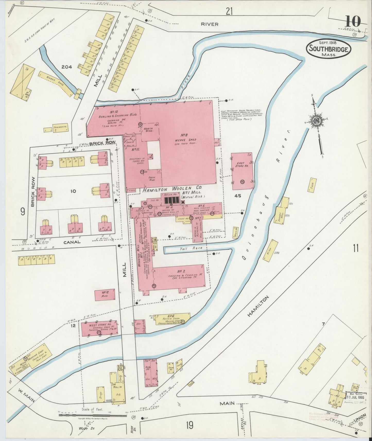 Sanborn Fire Insurance Map from Southbridge, Worcester County, Massachusetts (1918), Sheet #0010 - Historic Sanborn Fire Insurance Map Print, vintage old map wall art, antique decor, genealogy gift, Massachusetts Massachusetts map