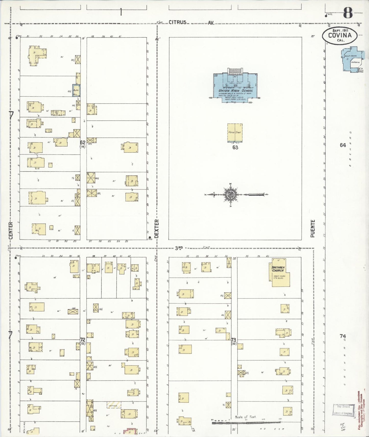 Sanborn Fire Insurance Map from Covina, Los Angeles County, California (1911), Sheet #0008 - Complete Map Set gallery image, historic Sanborn map, vintage wall art, California California