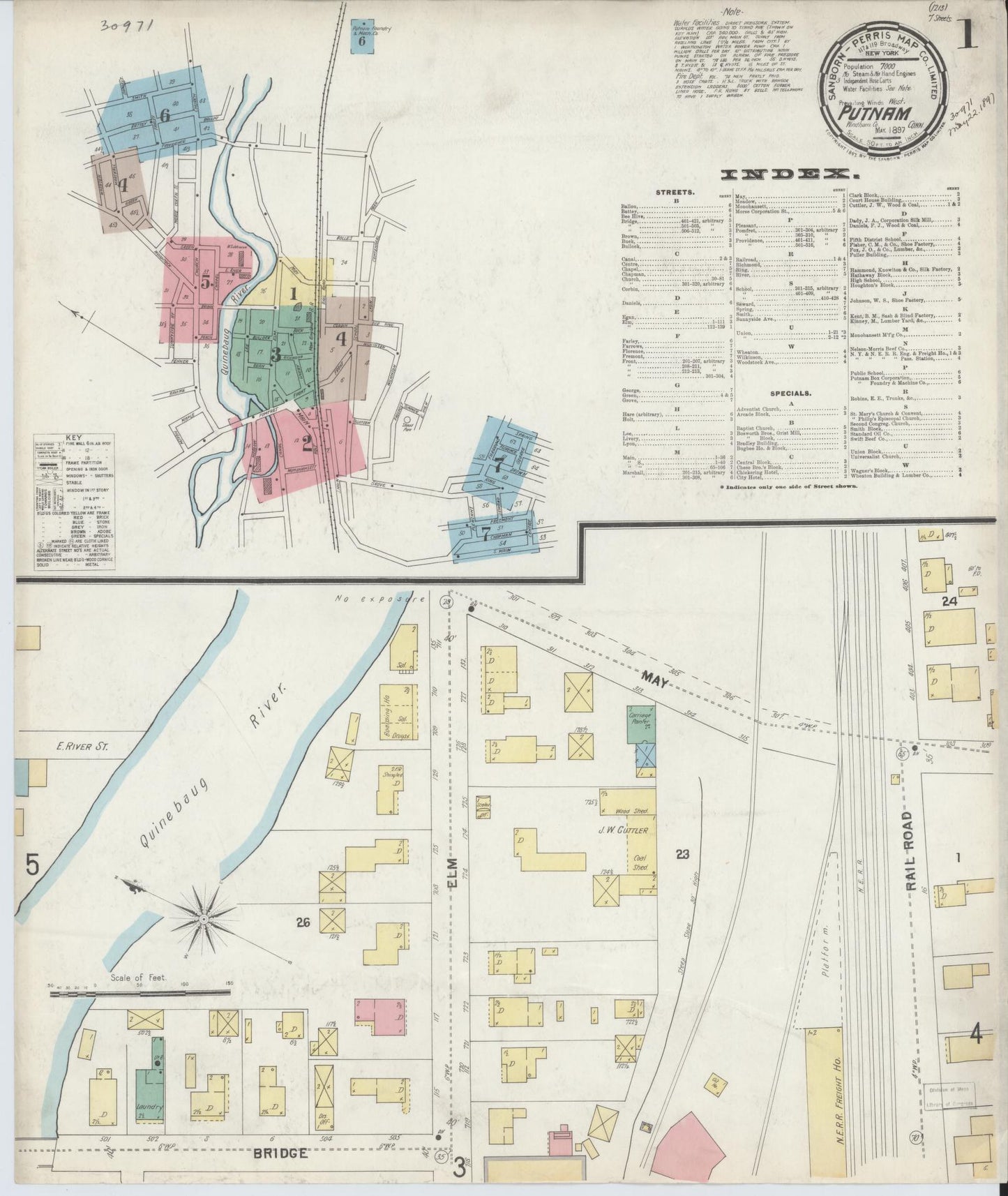 Sanborn Fire Insurance Map from Putnam, Windham County, Connecticut (1897), Sheet #0001 - Historic Sanborn Fire Insurance Map Print, vintage old map wall art, antique decor, genealogy gift, Connecticut Connecticut map