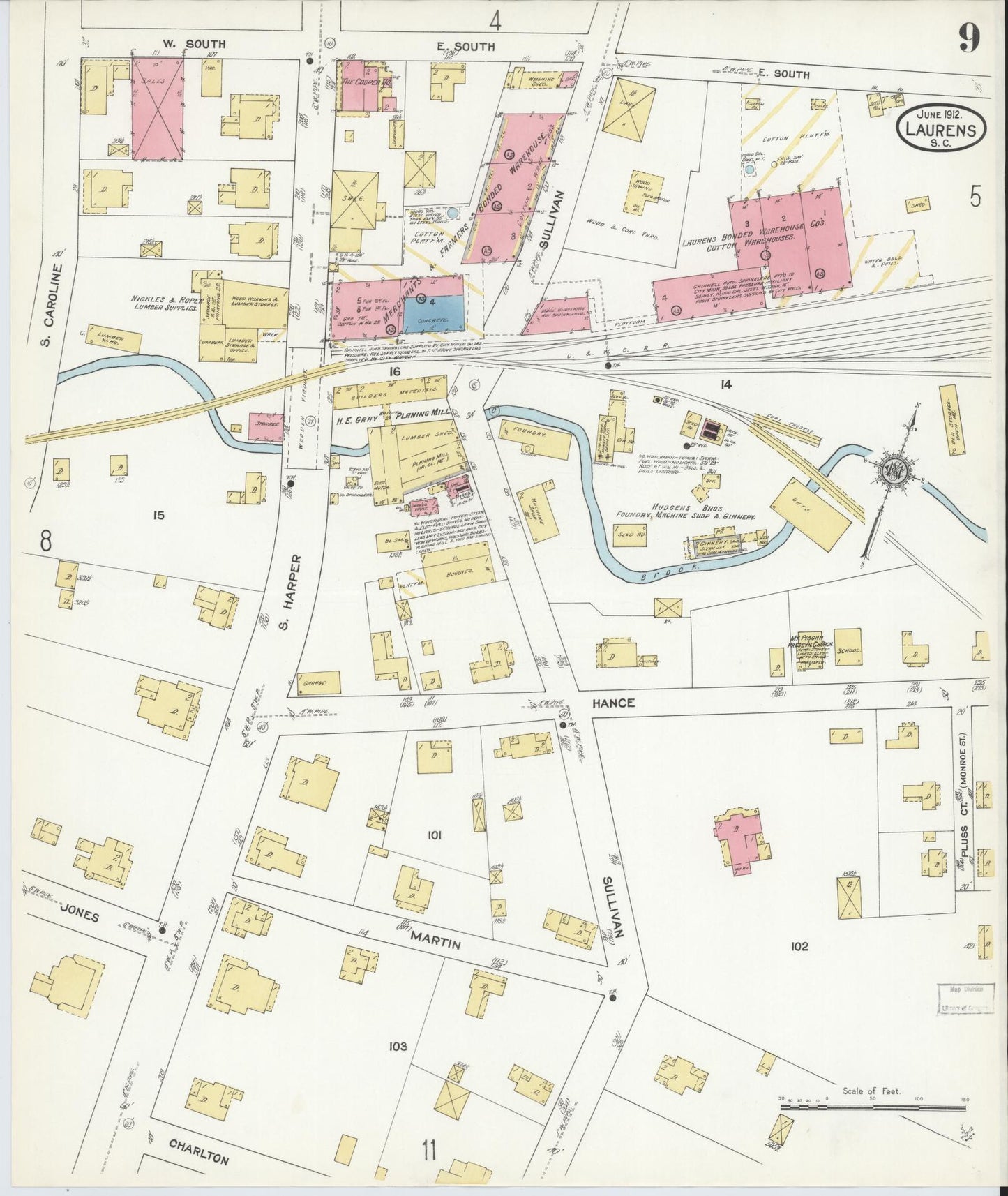 Sanborn Fire Insurance Map from Laurens, Laurens County, South Carolina (1912), Sheet #0009 - Historic Sanborn Fire Insurance Map Print, vintage old map wall art, antique decor, genealogy gift, South Carolina South Carolina map