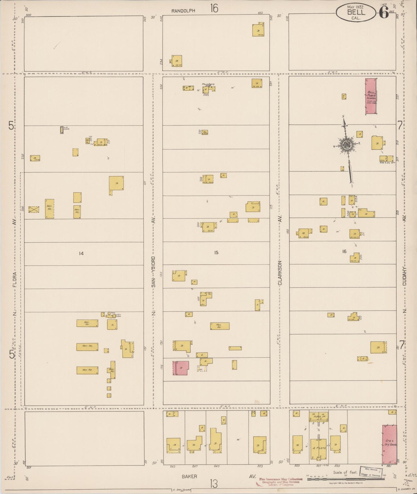 Sanborn Fire Insurance Map from Bell, Los Angeles County, California (1922), Sheet #0006 - Historic Sanborn Fire Insurance Map Print, vintage old map wall art, antique decor, genealogy gift, California California map