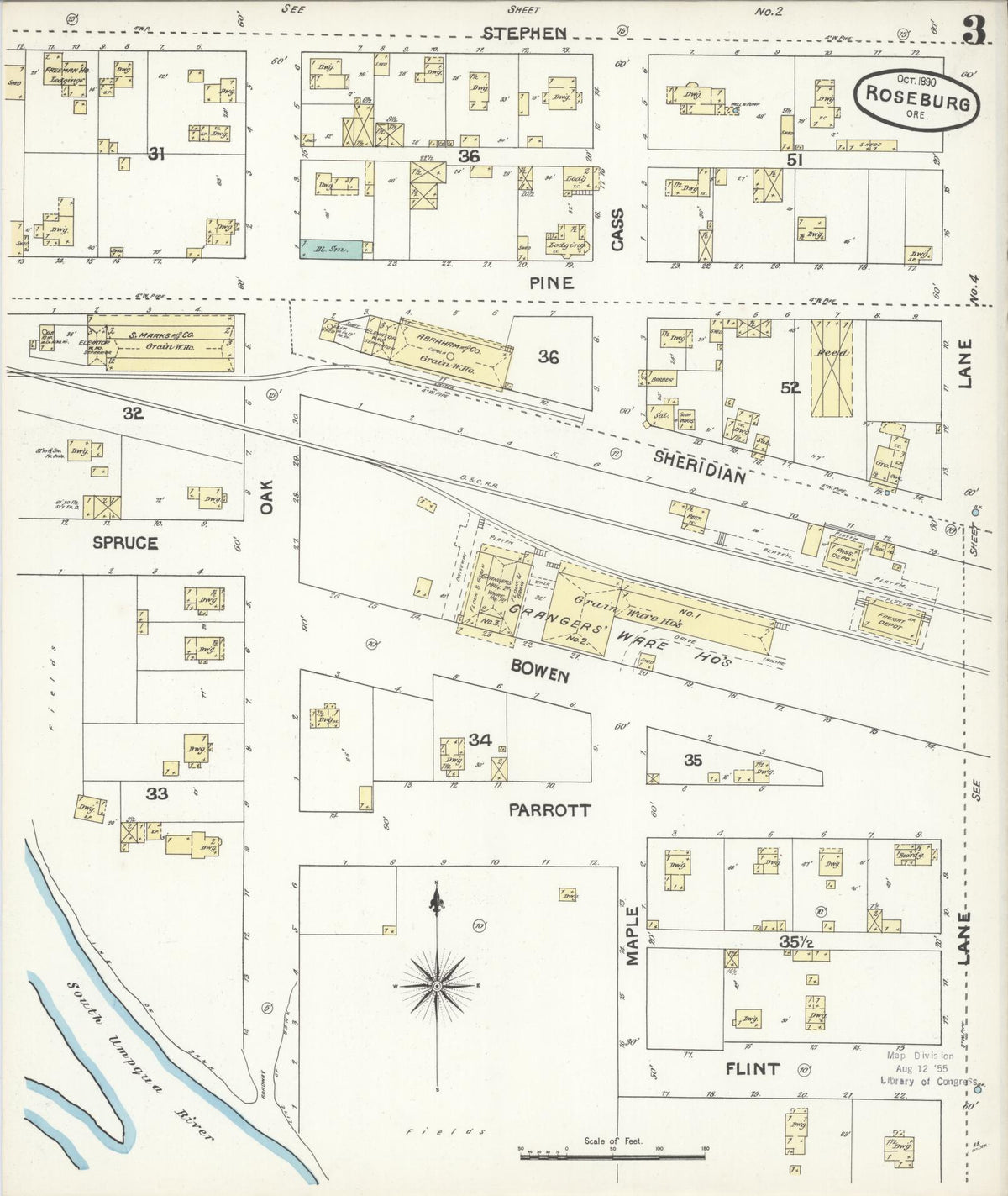 Sanborn Fire Insurance Map from Roseburg, Douglas County, Oregon (1890), Sheet #0003 - Historic Sanborn Fire Insurance Map Print, vintage old map wall art, antique decor, genealogy gift, Oregon Oregon map