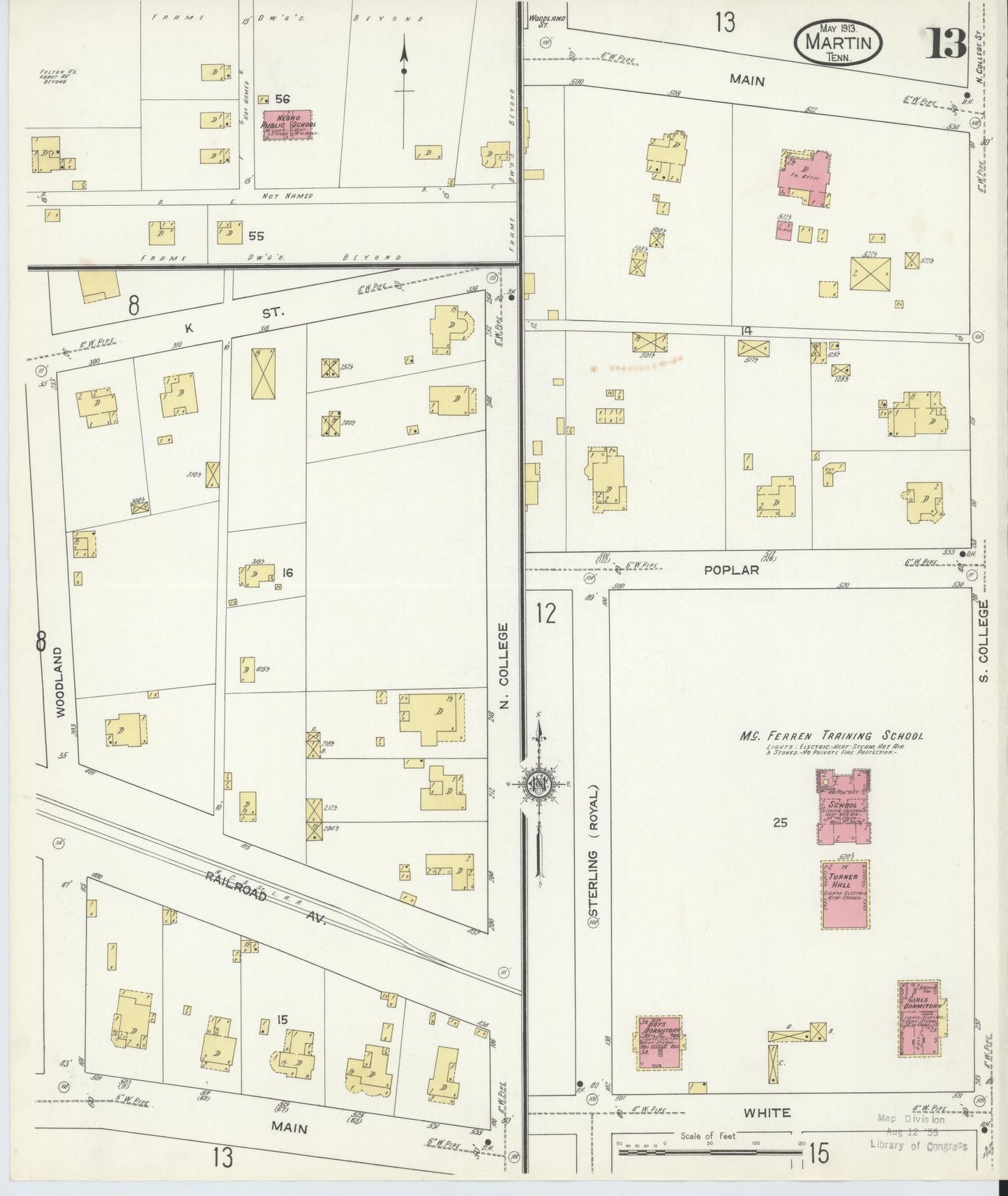 Sanborn Fire Insurance Map from Martin, Weakley County, Tennessee (1913), Sheet #0013 - Historic Sanborn Fire Insurance Map Print, vintage old map wall art, antique decor, genealogy gift, Tennessee Tennessee map