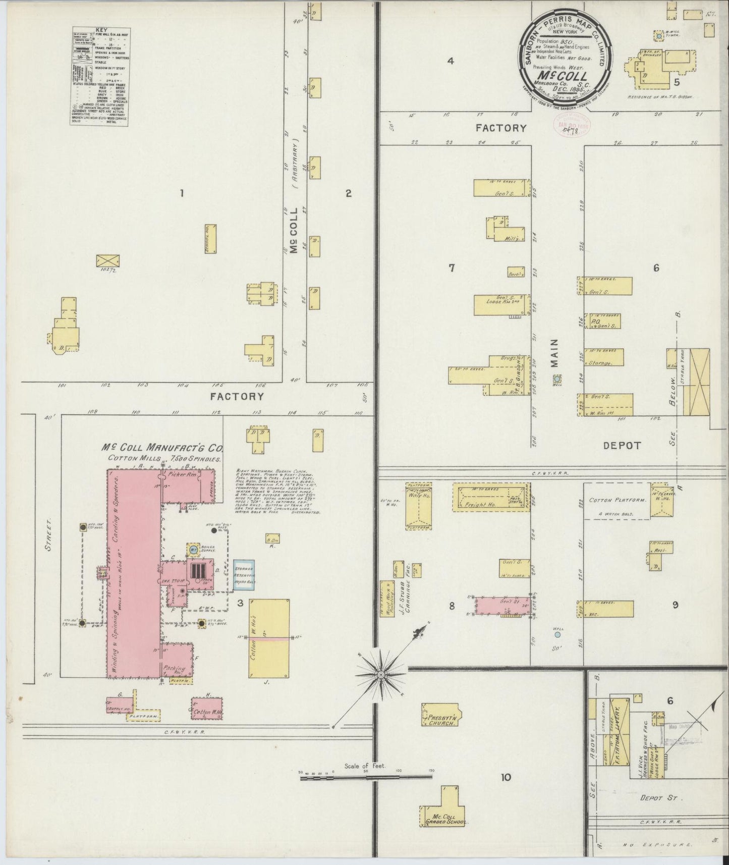 Sanborn Fire Insurance Map from McColl, Marlboro County, South Carolina (1895), Sheet #0001 - Historic Sanborn Fire Insurance Map Print, vintage old map wall art, antique decor, genealogy gift, South Carolina South Carolina map