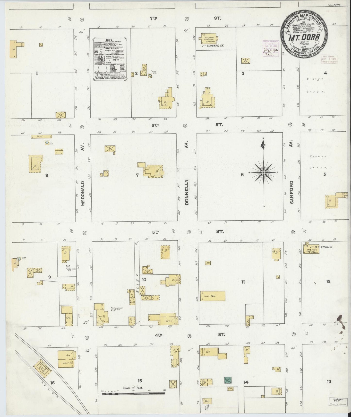 Sanborn Fire Insurance Map from Mount Dora, Lake County, Florida (1906), Sheet #0001 - Historic Sanborn Fire Insurance Map Print, vintage old map wall art, antique decor, genealogy gift, Florida Florida map
