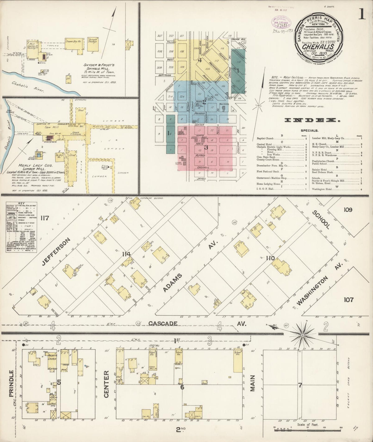 Sanborn Fire Insurance Map from Chehalis, Lewis County, Washington (1893), Sheet #0001 - Historic Sanborn Fire Insurance Map Print, vintage old map wall art, antique decor, genealogy gift, Washington Washington map