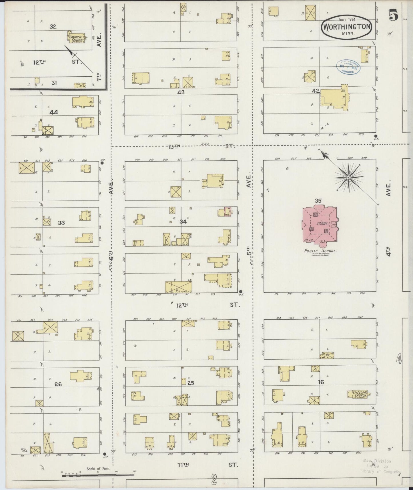 Sanborn Fire Insurance Map from Worthington, Nobles County, Minnesota (1894), Sheet #0005 - Complete Map Set gallery image, historic Sanborn map, vintage wall art, Minnesota Minnesota
