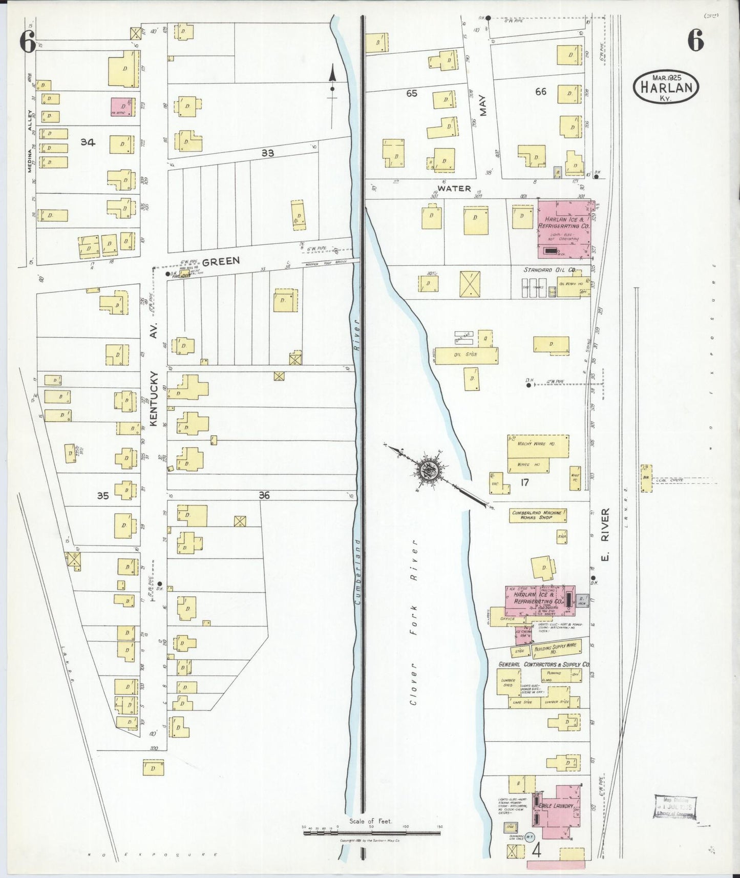 Sanborn Fire Insurance Map from Harlan, Harlan County, Kentucky (1925), Sheet #0006 - Historic Sanborn Fire Insurance Map Print, vintage old map wall art, antique decor, genealogy gift, Kentucky Kentucky map