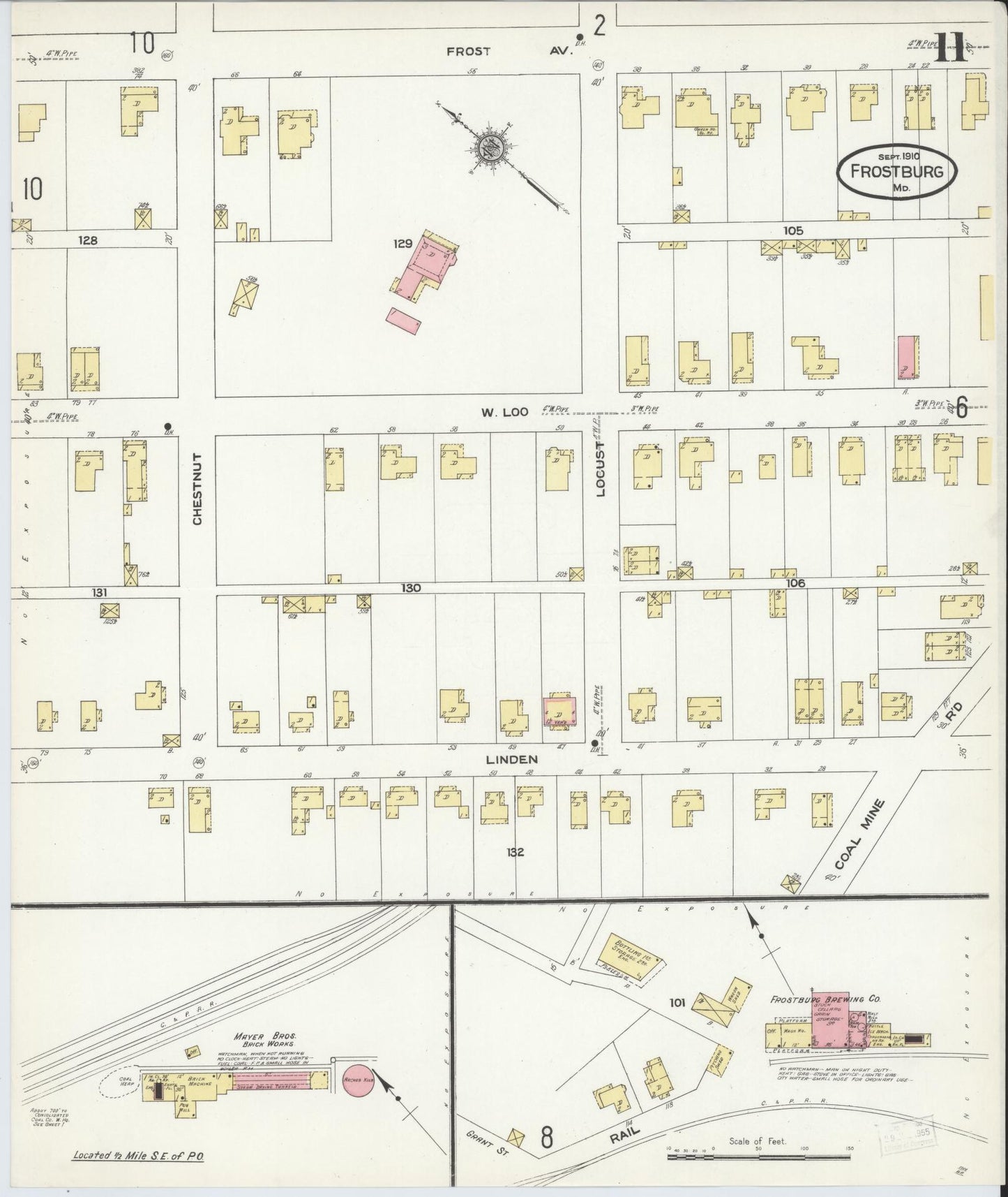 Sanborn Fire Insurance Map from Frostburg, Allegany County, Maryland (1910), Sheet #0011 - Historic Sanborn Fire Insurance Map Print, vintage old map wall art