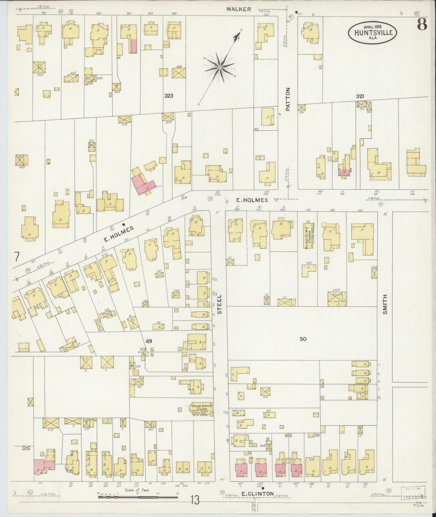 Sanborn Fire Insurance Map from Huntsville, Madison County, Alabama (1908), Sheet #0008 - Historic Sanborn Fire Insurance Map Print, vintage old map wall art, antique decor, genealogy gift, Alabama Alabama map