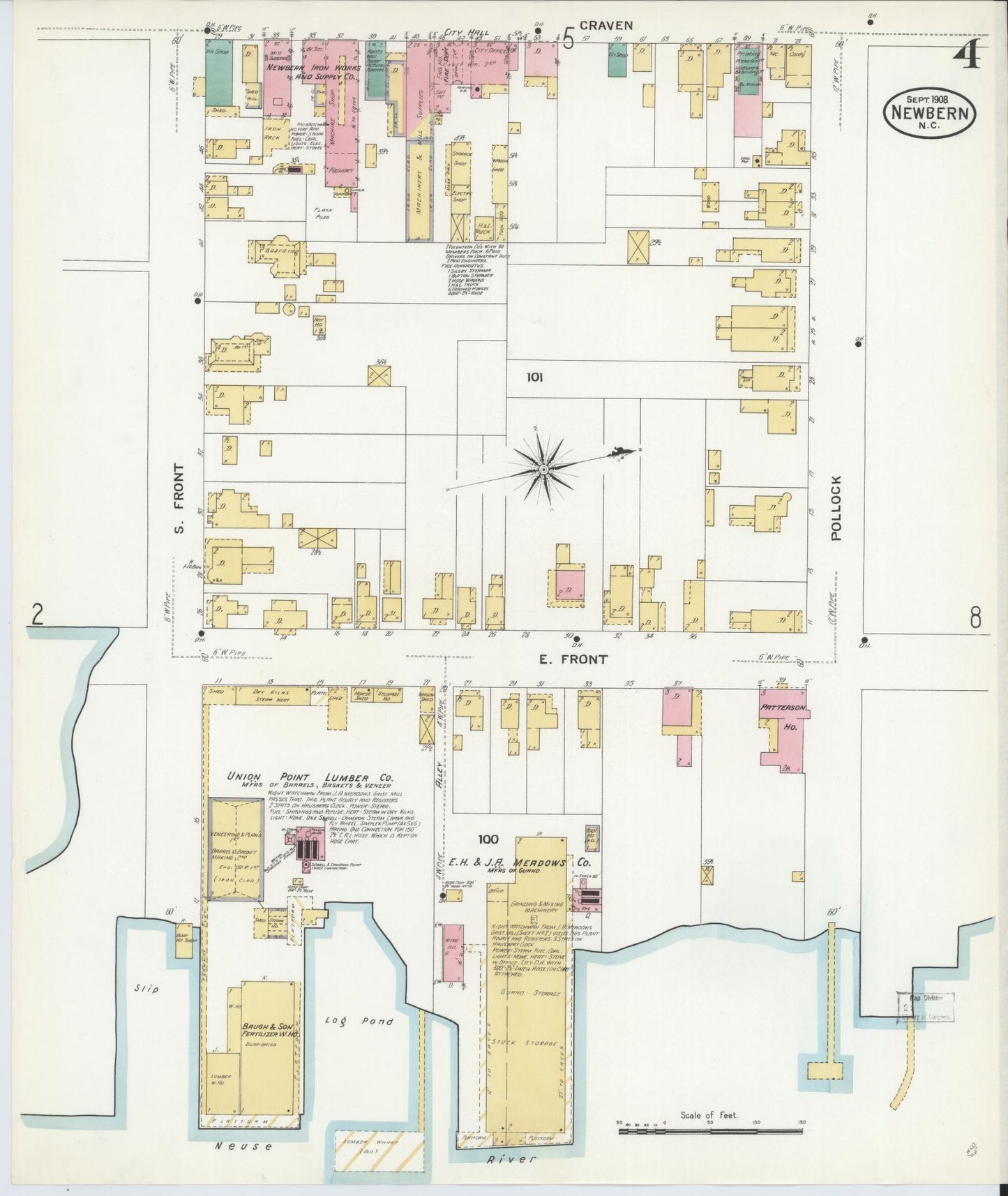 Sanborn Fire Insurance Map from New Bern, Craven County, North Carolina (1908), Sheet #0004 - Historic Sanborn Fire Insurance Map Print, vintage old map wall art, antique decor, genealogy gift, North Carolina North Carolina map